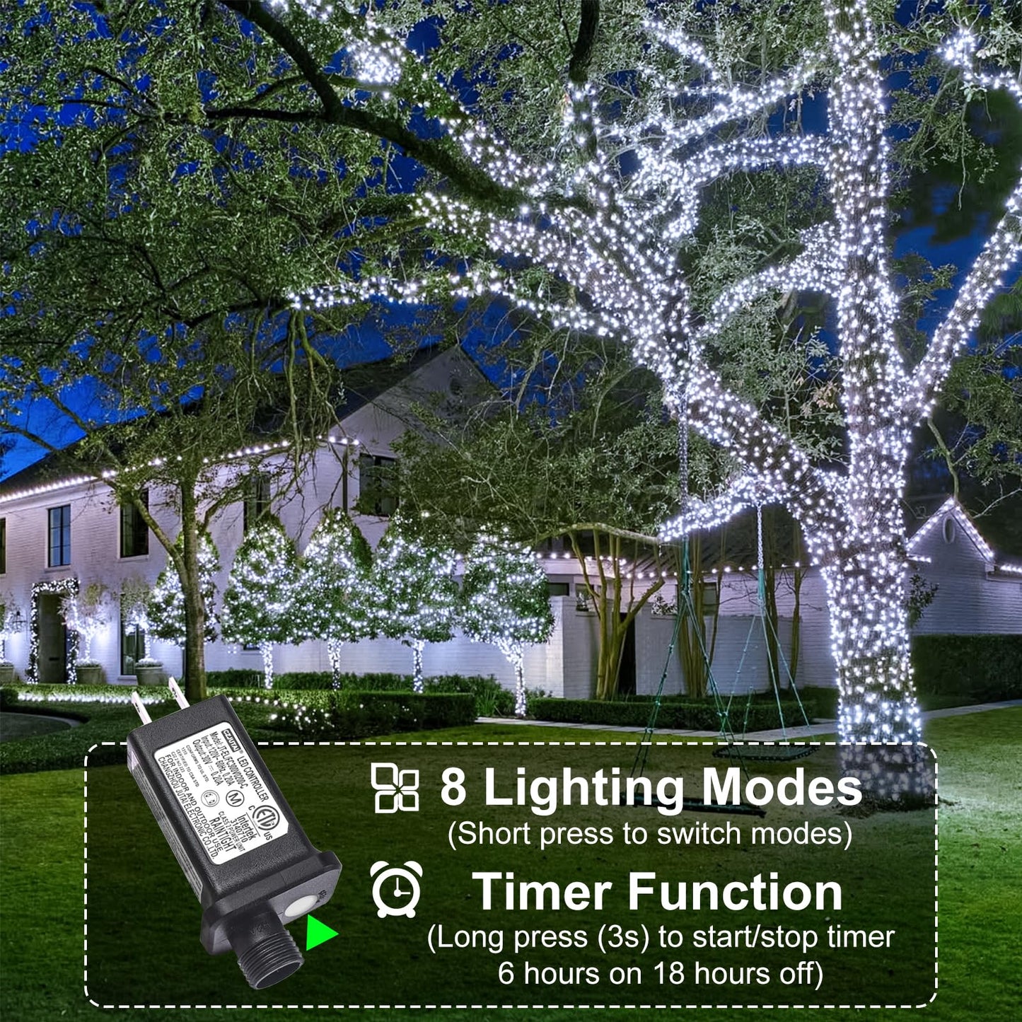 Christmas Lights Outdoor, 100FT 300 LED Christmas String Lights with 8 Modes Waterproof, Plug in Connectable Twinkle Light Green Wire for Tree Yard Wedding Holiday Decorations, White