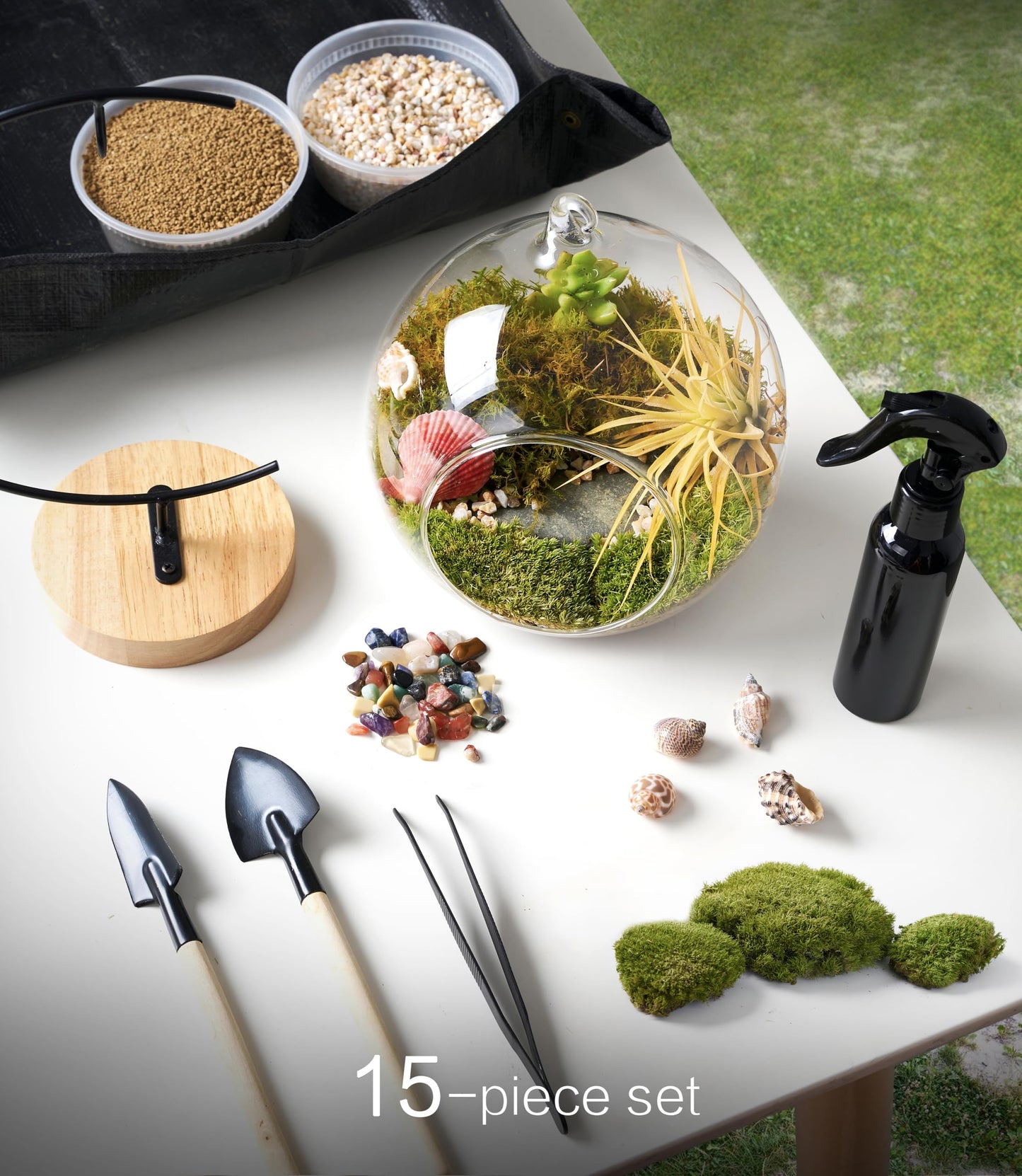 15-Piece Terrarium Kit with Live Moss – DIY Glass Globe Set with Tools, Soil, Stones & Spray Bottle – Indoor Mini Garden Gift for Plant Lovers, Home Decor & Zen Craft