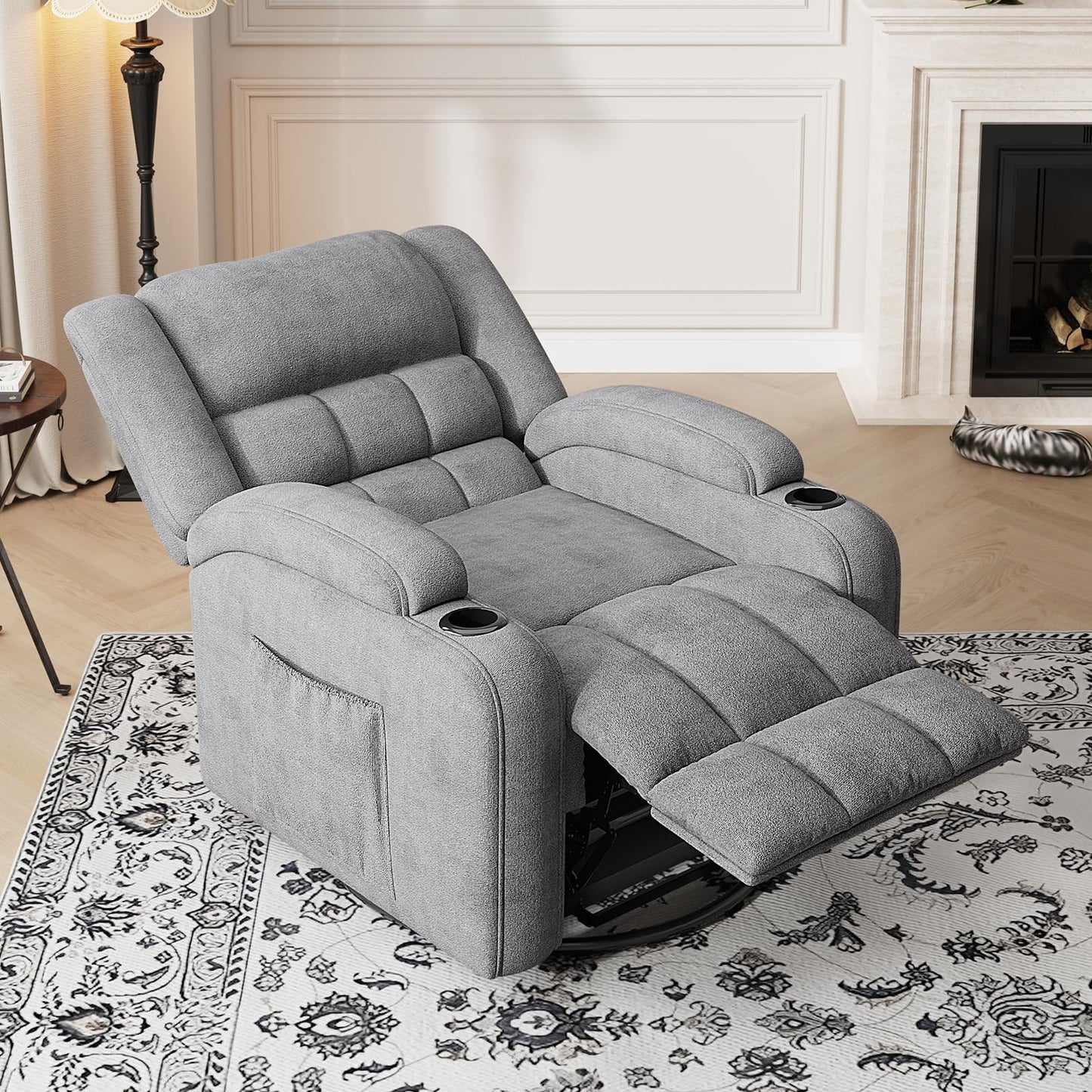 Furnimart 360° Swivel Rocker Recliner with Heat and Massage, Manual Comfy Recliner Chair for Adult, Chenille Glider Rocker Chaise Lounge for Living Room, Bedroom, Home Theater (Gray)