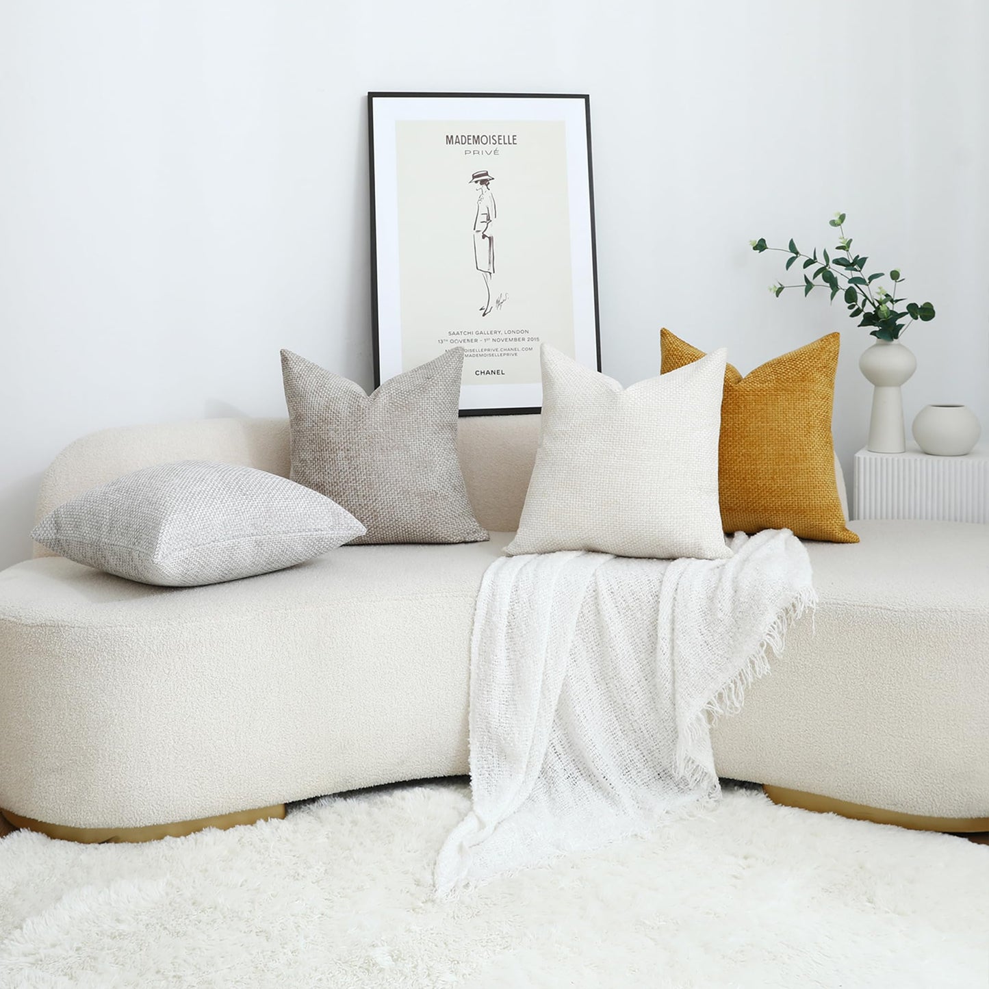 Stellhome Pack of 2 Woven Textured Decorative Throw Pillow Covers Soft Chenille Accent Luxury Cushion Cases for Living Room Couch Bed Sofa Farmhouse Boho Home, 20x20 inch, Cream