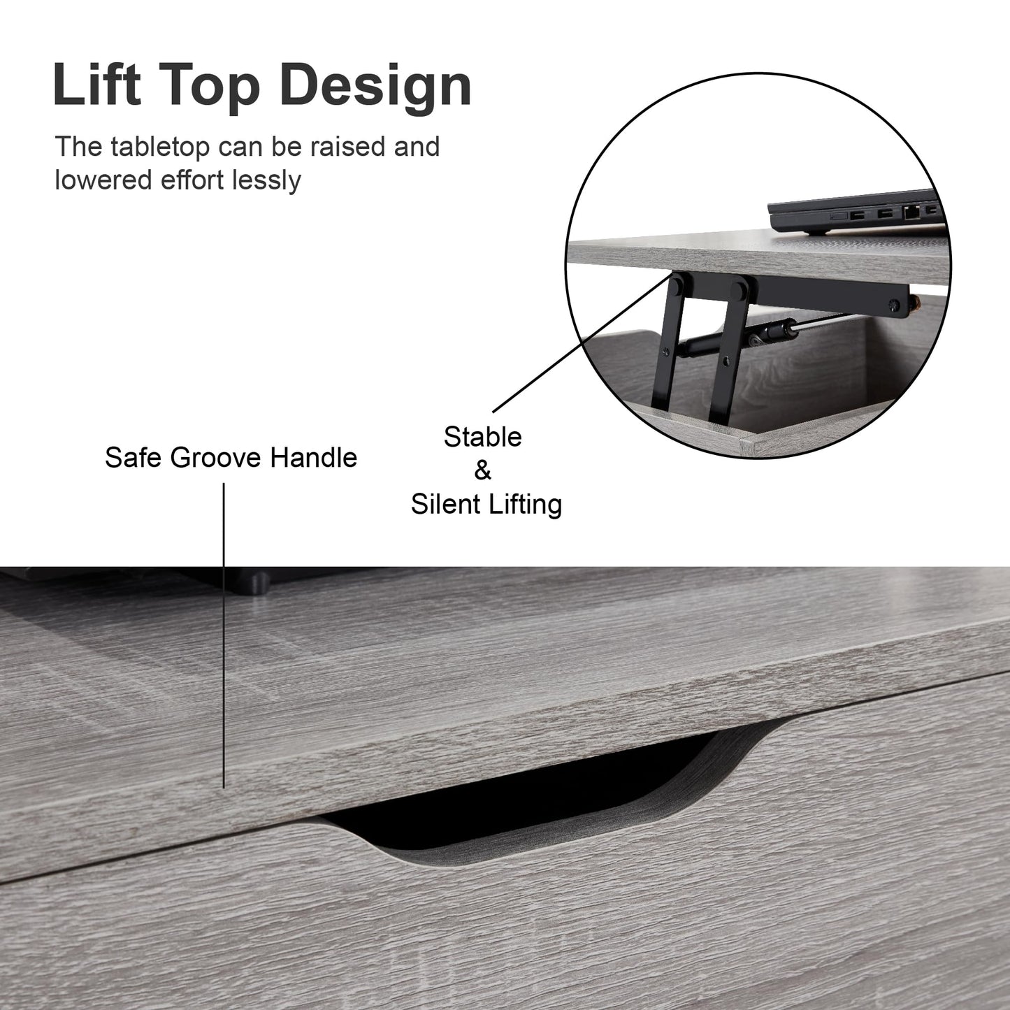 39" Coffee Table, Wood Lift Top Coffee Tables for Living Room with Storage Shelf and Hidden Compartment, Grey