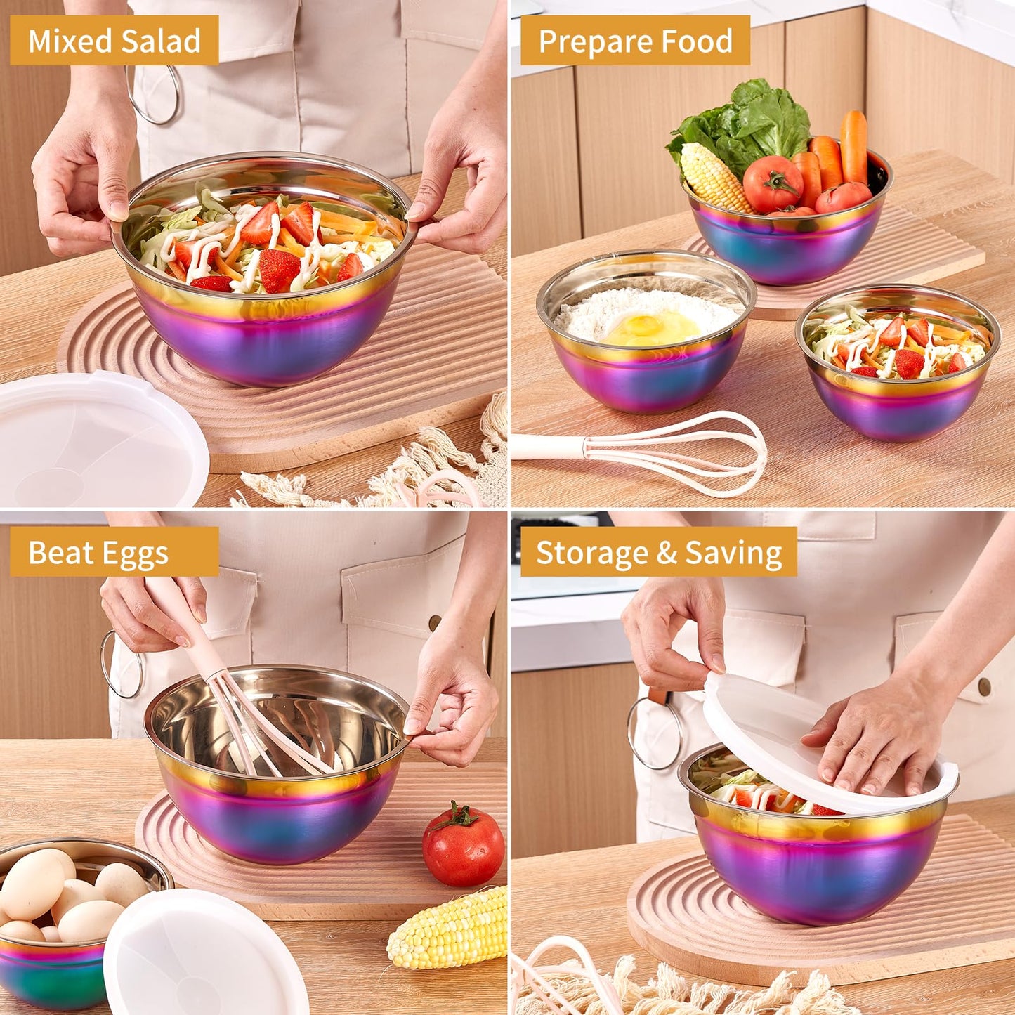 Onlycooker Rainbow Mixing Bowls With Airtight Lids,Stainless Steel Bowl,Salad Bowls 7 Piece Colorful Nesting Bowl Rainbow Kitchen Accessories,Size 7,3.6,2.7,2.1,1.5,1.1,0.8QT Stackable Design