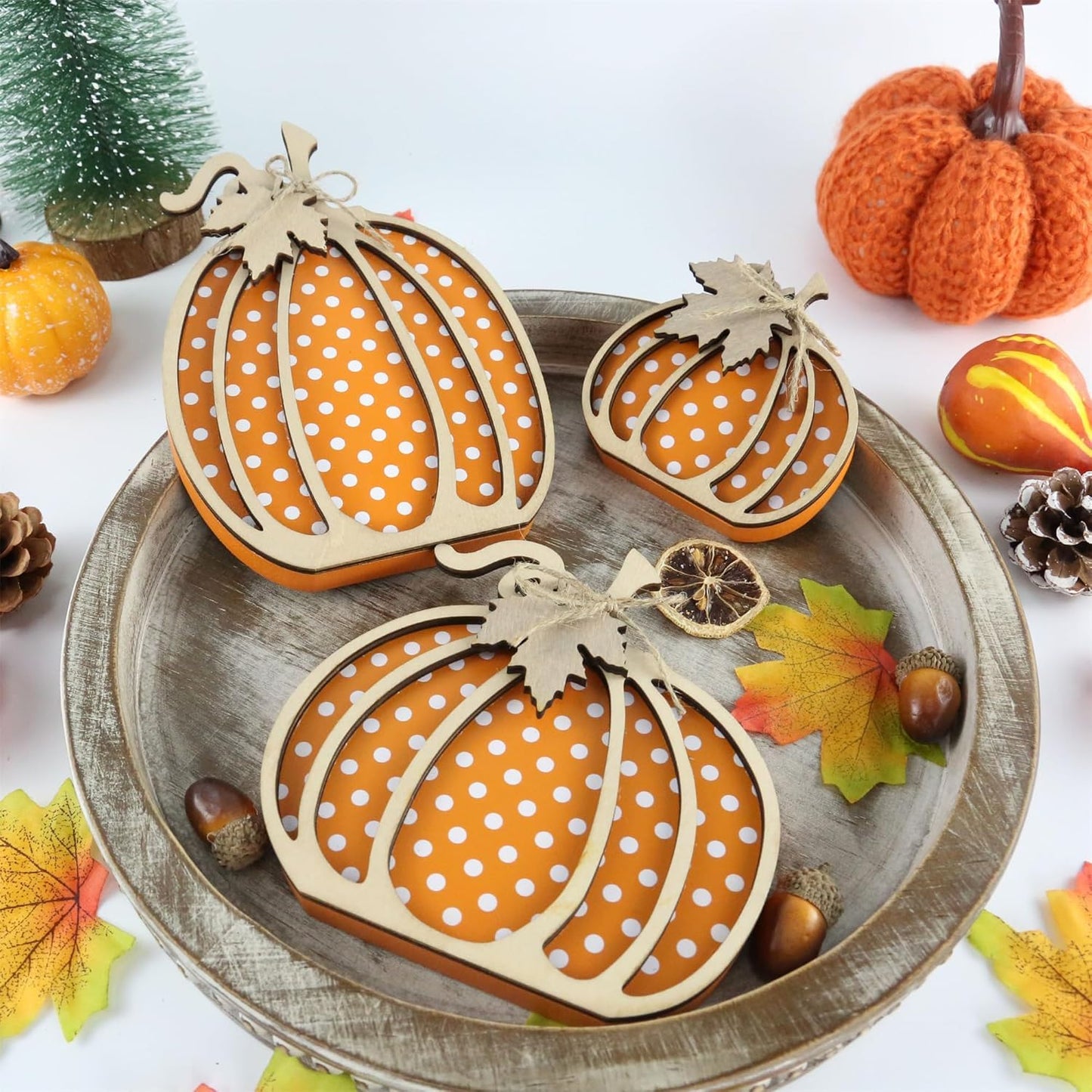 Fall Decor Wooden Pumpkin Decorations for Home 3PCS Autumn Pumpkin Farmhouse Harvest Decorations Self Sitters Mantel Table Sign Tiered Tray Decor