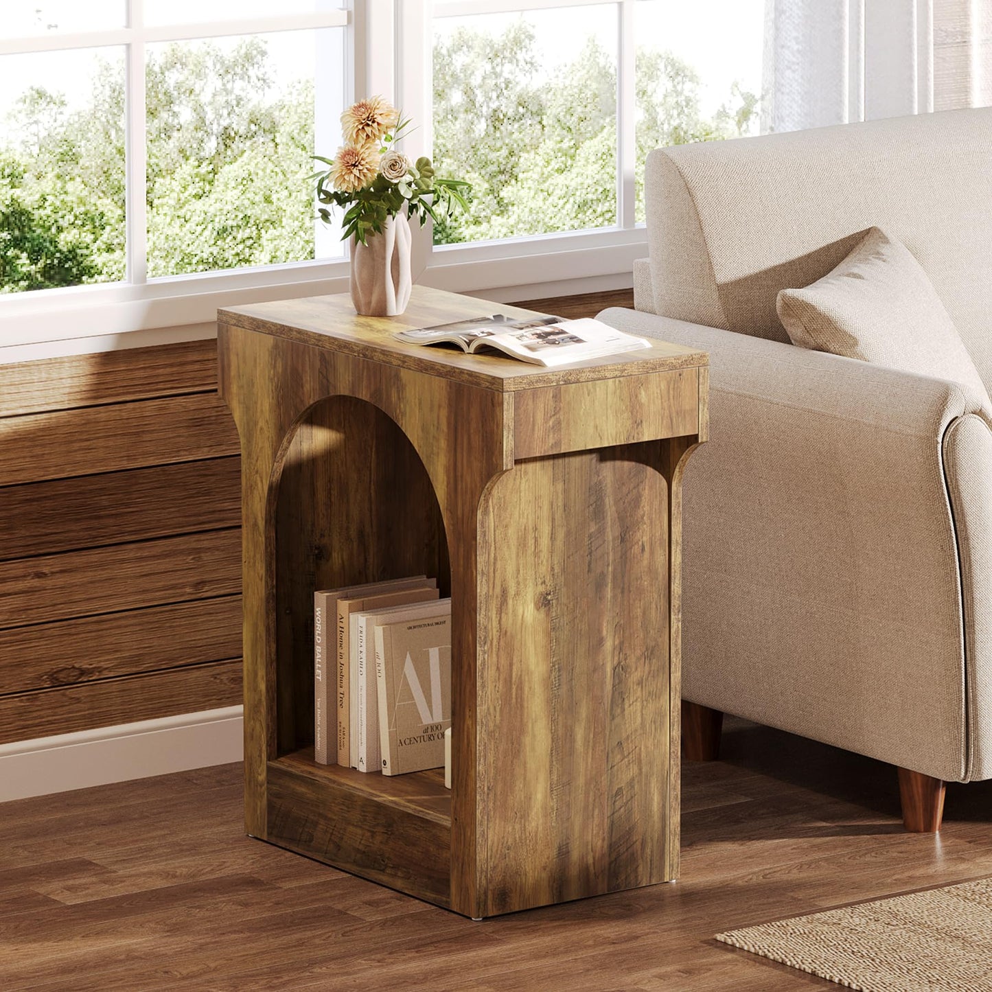 Tribesigns End Table, Wooden Side Table with Storage Space for Living Room, Narrow Nightstand for Bedroom, Brown