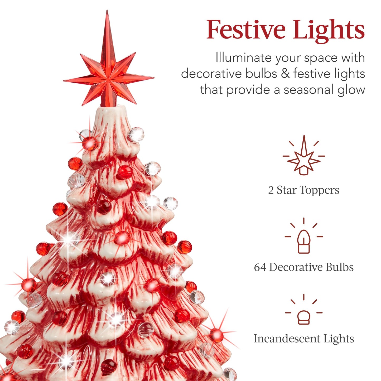 Best Choice Products 15in Ceramic Christmas Tree, Pre-lit Hand-Painted Tabletop Holiday Tree, 2 Star Toppers, 64 Lights - Peppermint w/Red and White Bulbs