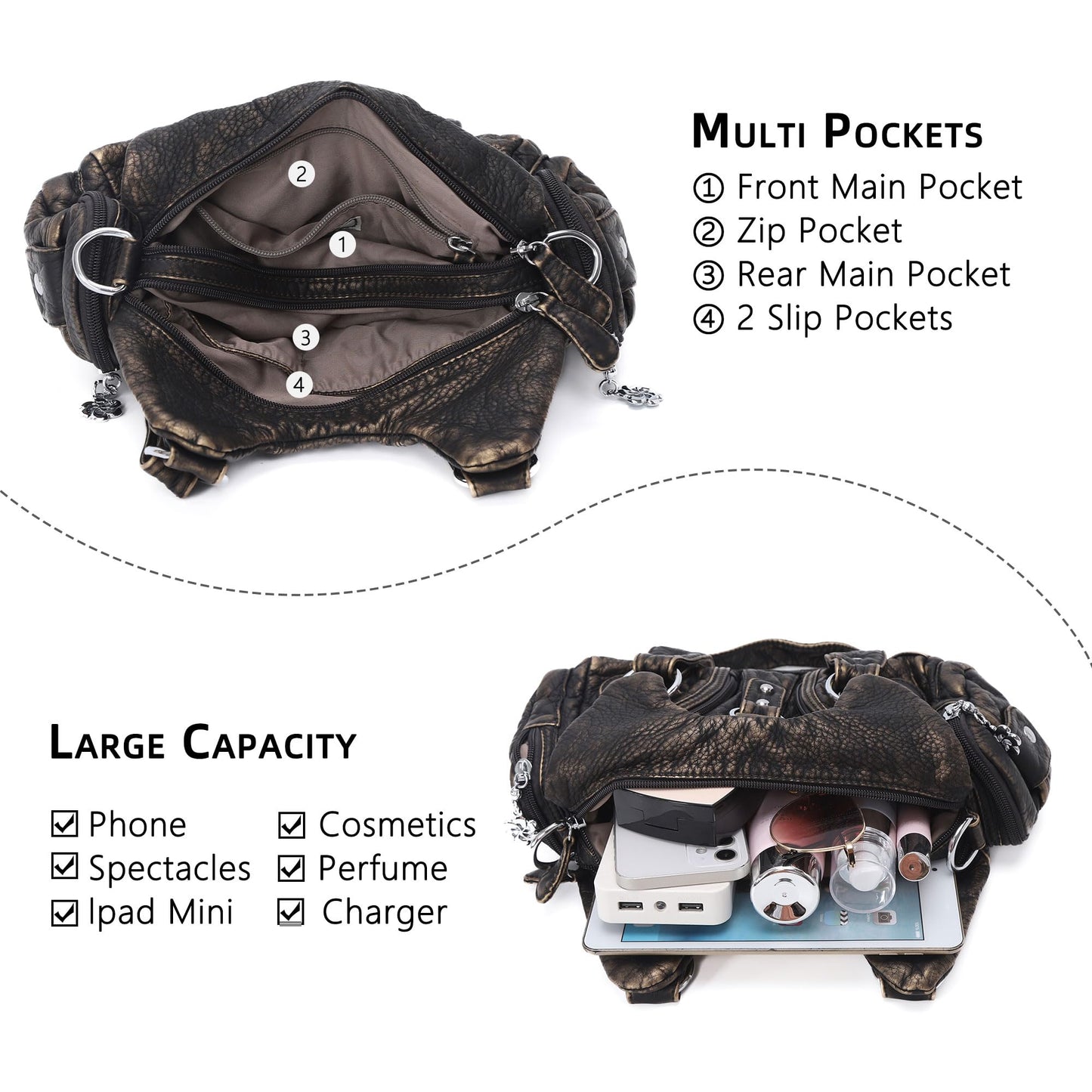 Angel Kiss Purses for Women Small Hobo Shoulder Bags Vagen Leather Multi-Pocket Tote Bag with Zipper (Bronze)