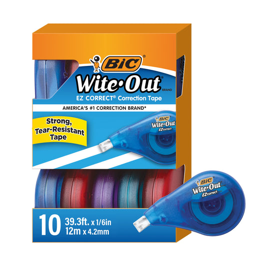 BIC Wite-Out Brand EZ Correct Correction Tape, 39.3 Feet, 10-Count Pack of White Correction, Tear-Resistant Tape Office or School Supplies