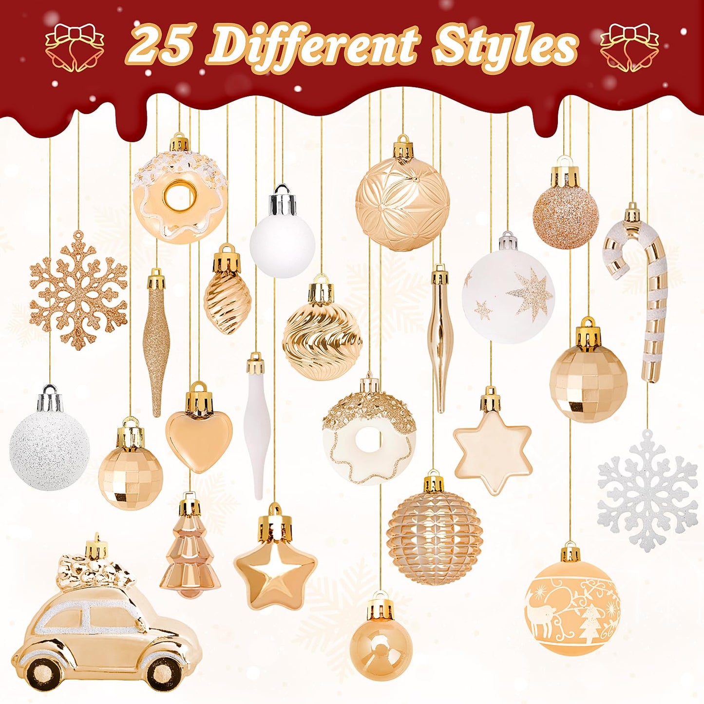 DeckTheHalls Christmas Ornaments 72 Count, Christmas Balls, Shatterproof Christmas Decorations for Tree, Gold Plastic Ornaments (Champagne)