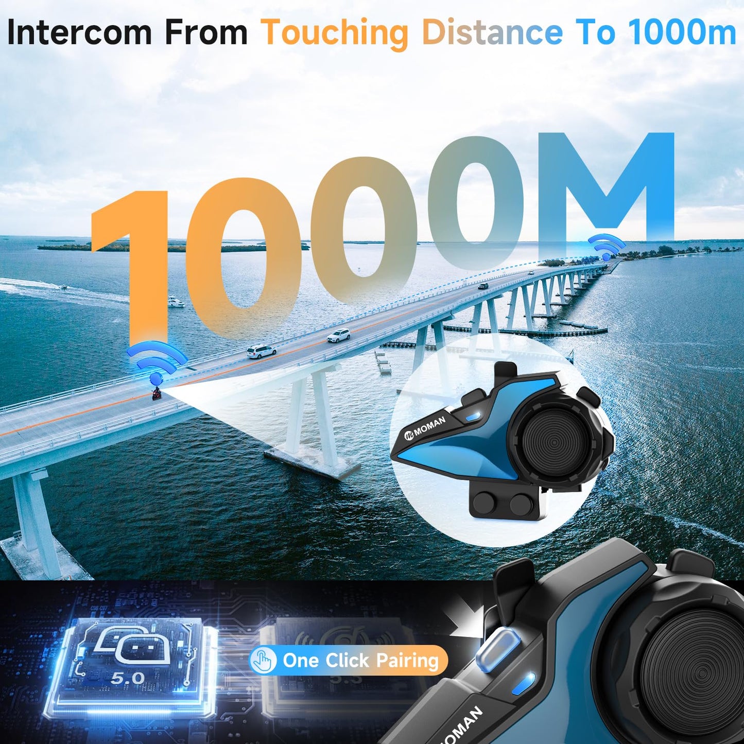 Motorcycle Intercom Headset, Moman H2E Eagle-Like Communication System with Dual Chips for Audio Multitasking HiFi Sound/Music Sharing/FM/AI Voice (2Pack), Motorcycle-Intercom-Helmet-Headset-Headphone