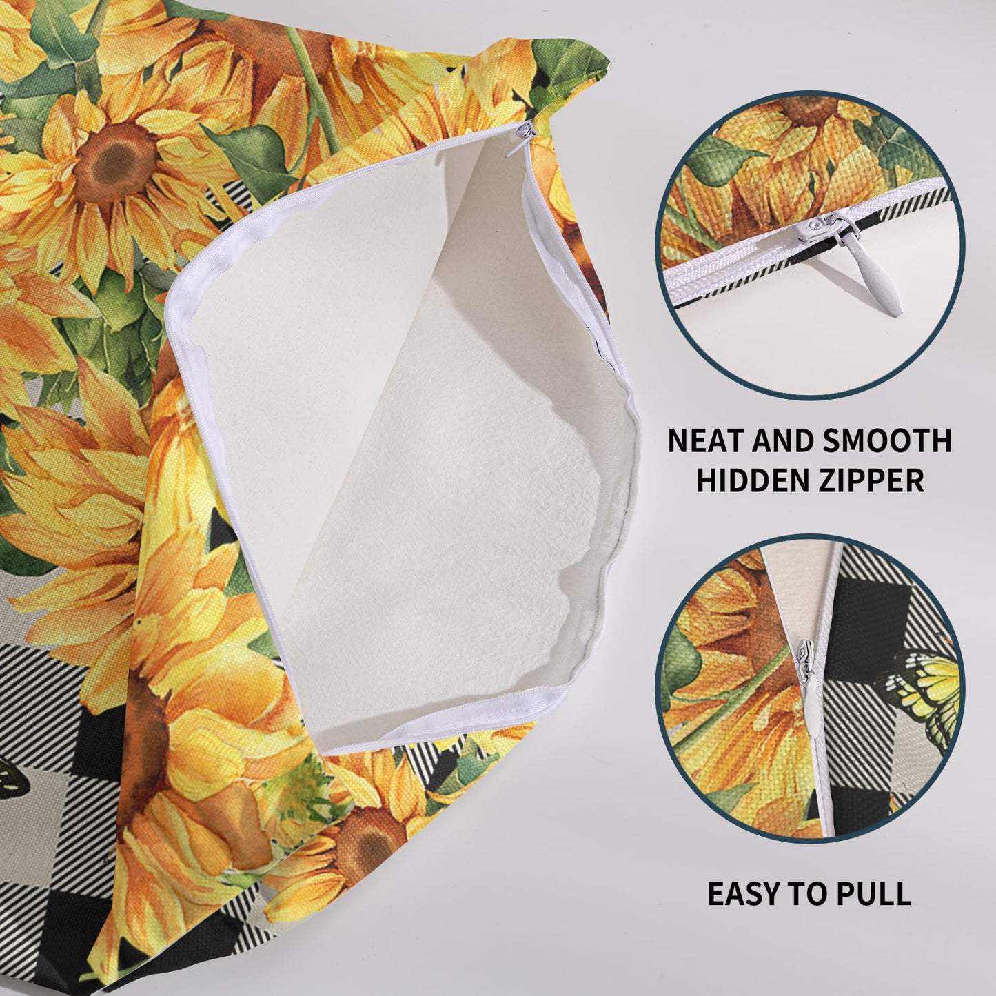 Sunflower Pillow Covers 18x18 Set of 2 Yellow Floral Butterfly Spring Summer Buffalo Plaid Outdoor Decorative Throw Pillows Farmhouse Pillowcases Linen Cushion Case Decor for Home Sofa Couch Bed
