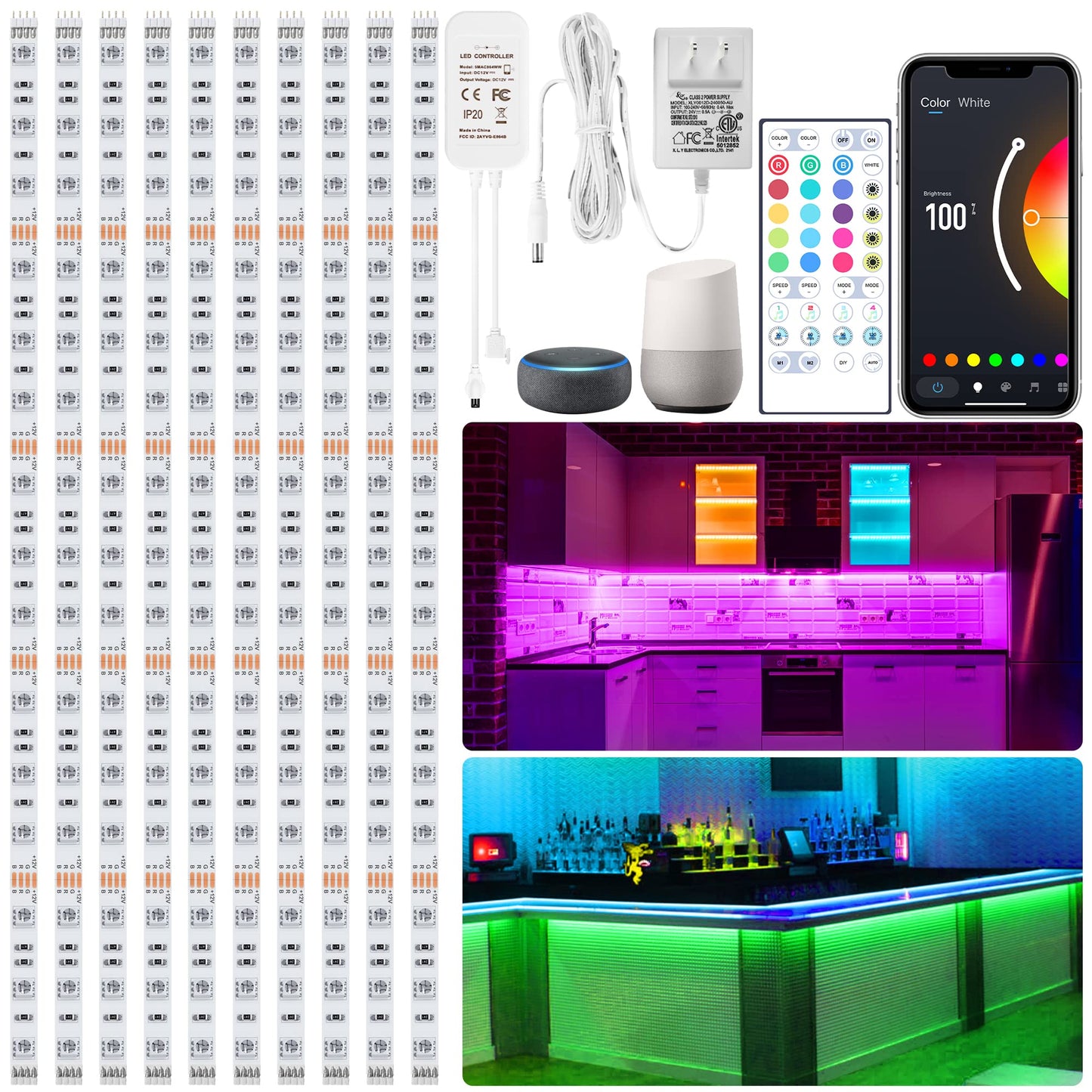 maylit 10 PCS Smart RGB Under Cabinet Lights Kit, Compatible with Alexa and Google Assistant, App and Remote Control, Music Sync Color Changing, Timer, Dimmable, for Cabinet, Counter, Shelf, Bookcase