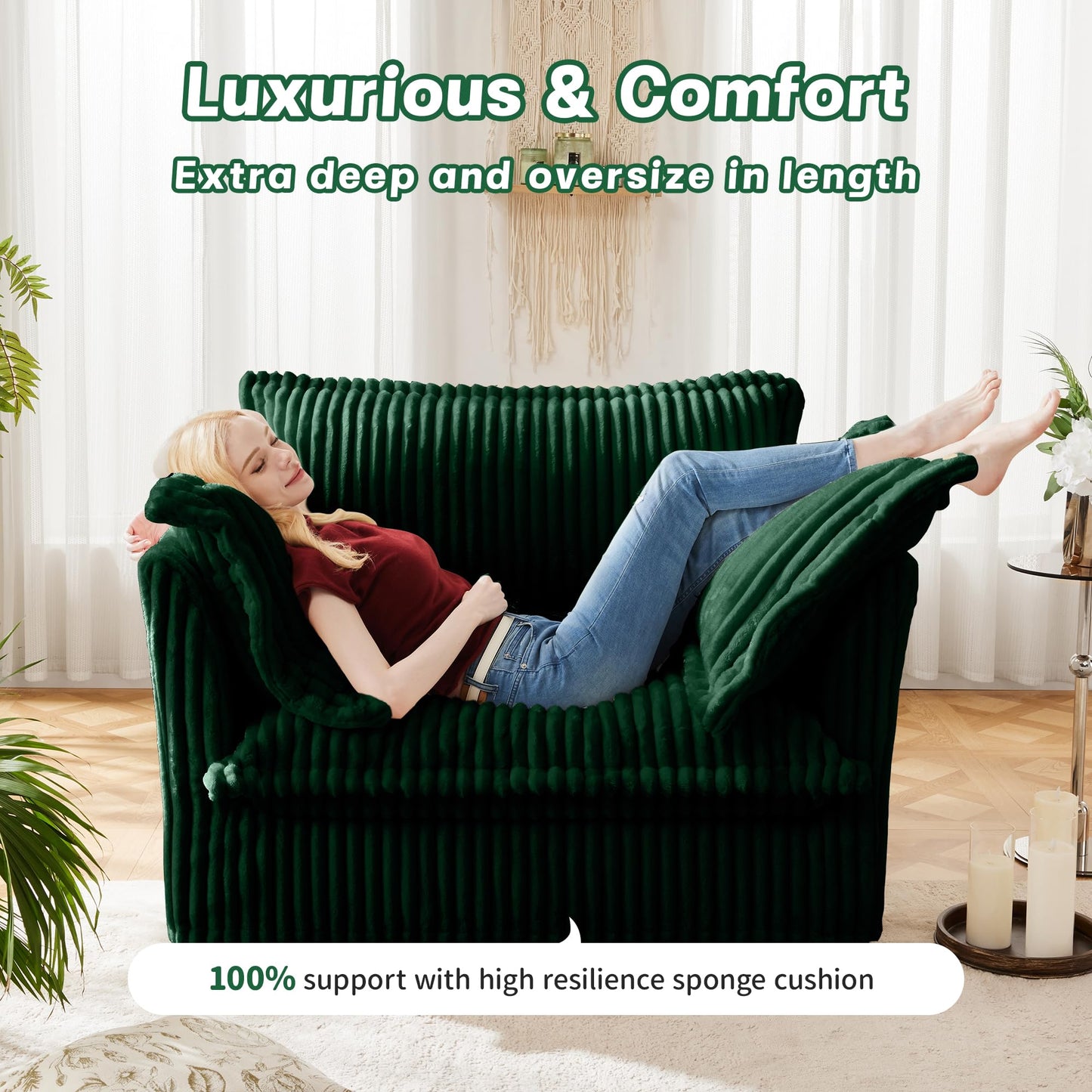 Ravy Concept 49" Slipcovered Chaise Lounge Chair, Corduroy Accent Chair with Removable Covers, 1-Seater Sofa with Movable Ottoman, Deep Seat Single Sofa Couch for Living Room (Green)