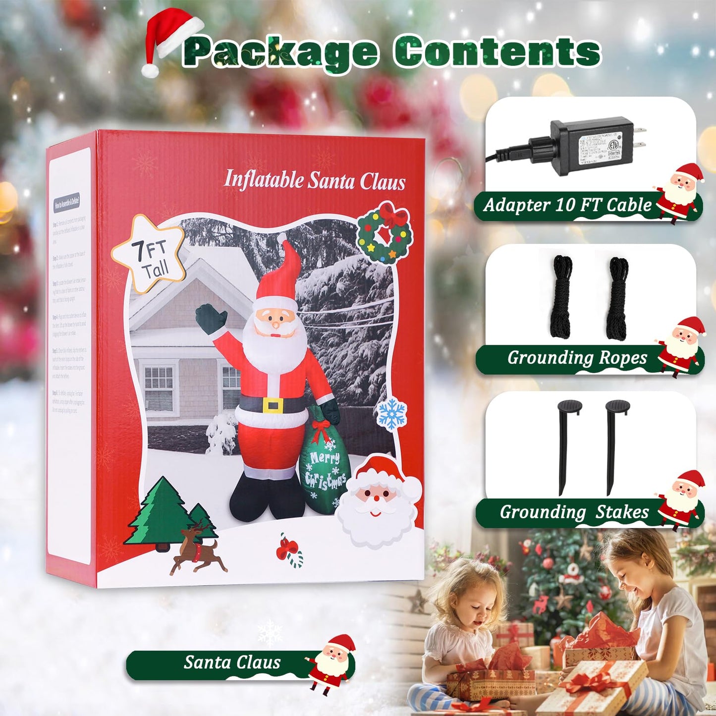 Thanger 7 FT Christmas Inflatable Santa Claus with Green Gift Bag, Blow up Santa Claus Indoor Outdoor Decoration, Built-in LED Lights for Yard Patio Garden Lawn Xmas Vacation Holiday Party Home Decor