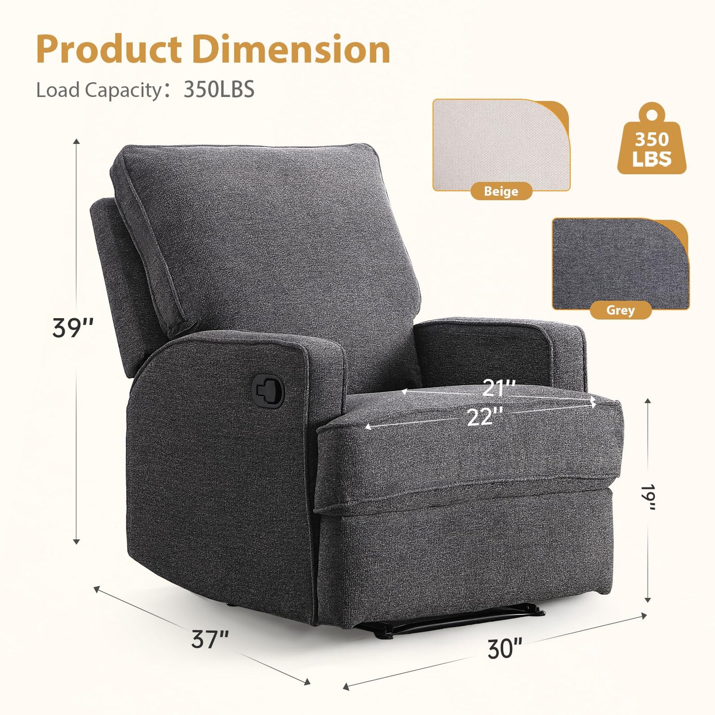 HAOMARKETS Classic Manual Recliner Chair for Adults, Soft Fabric Overstuffed Reclining Sofa Chair with Padded Backrest, Heavy Duty Recliners for Living Room, Grey