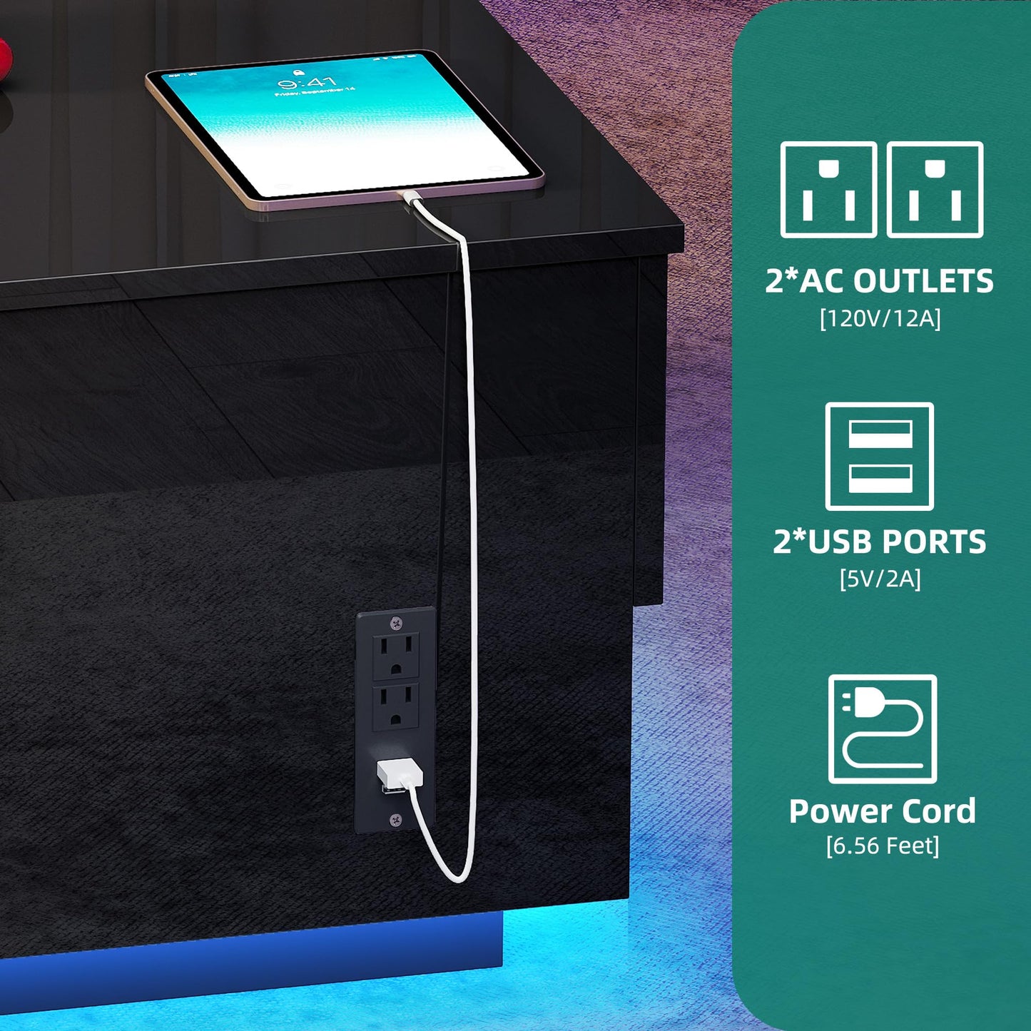 YITAHOME LED Lift Top Coffee Tables with Power Outlets Charging Station for Living Room, Modern Coffee Table with Storage 2 Drawers and Open Shelfs Rectangular Small Coffee Table Decor, Glossy Black