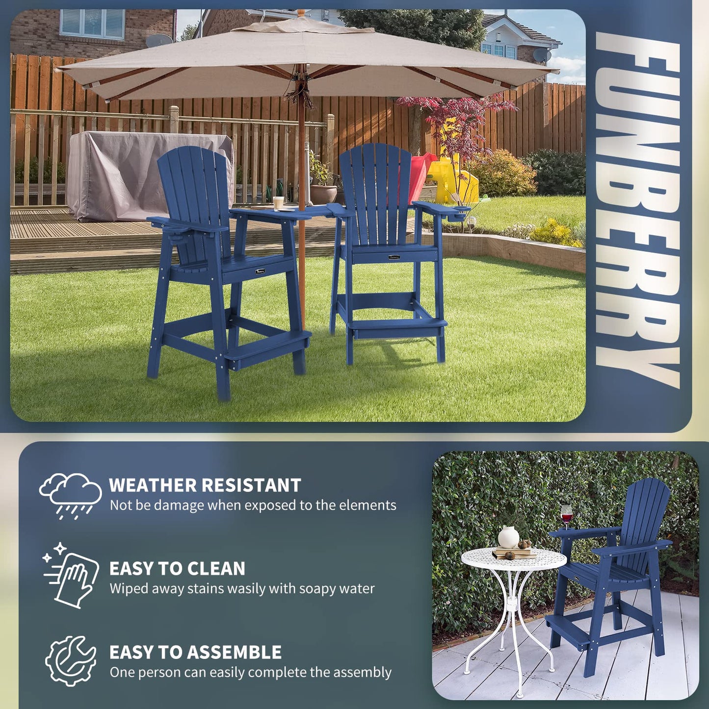 FUNBERRY Tall Adirondack Chair, All Weather High Top Balcony Chairs with Cup Holder