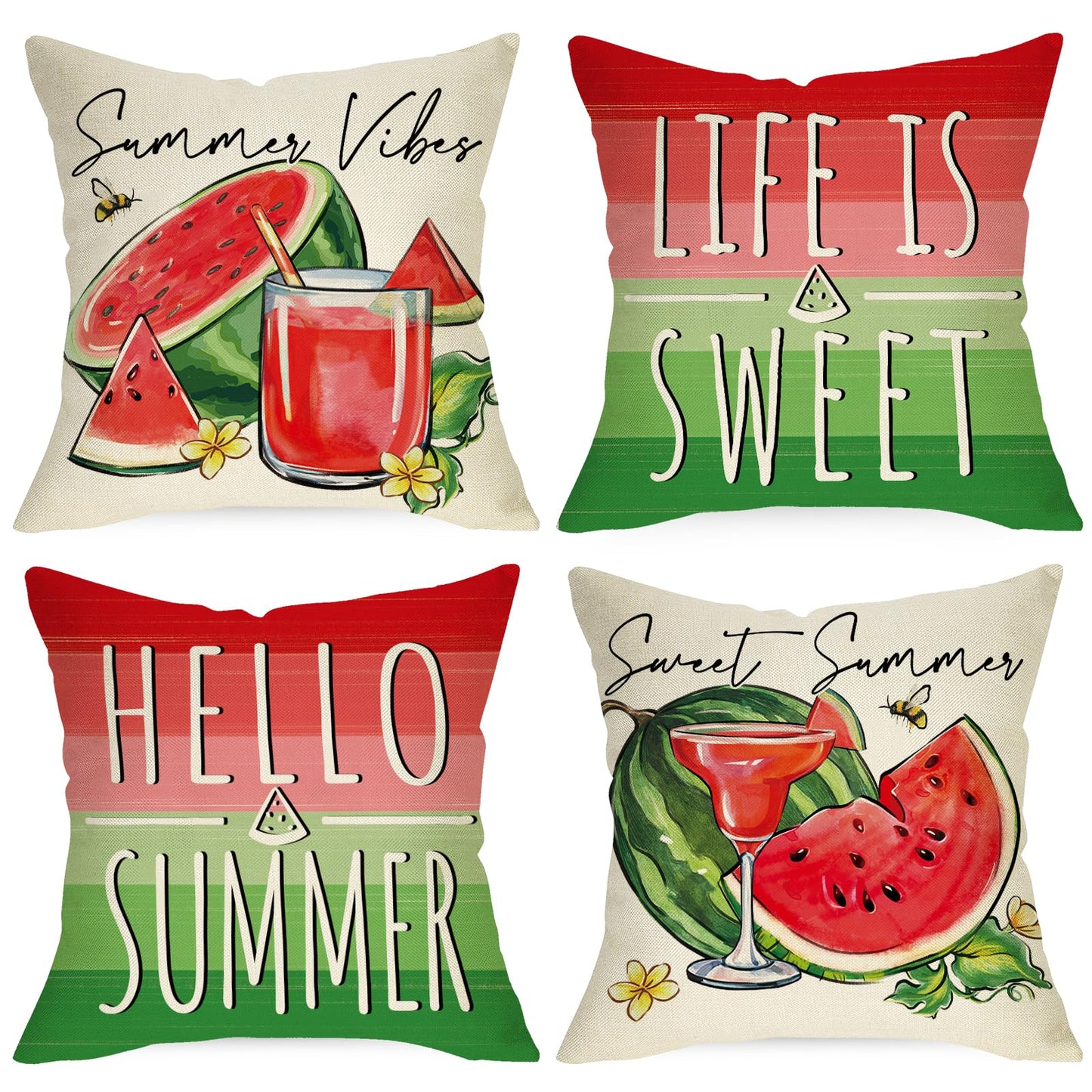 Ussap Hello Summer Watermelon Decorative Throw Pillow Covers 18 x 18 Set of 4, Life is Sweet Red Green Stripes Cushion Case Decor, Summer Vibes Fruit Juice Bees Seasonal Home Decoration for Sofa Couch