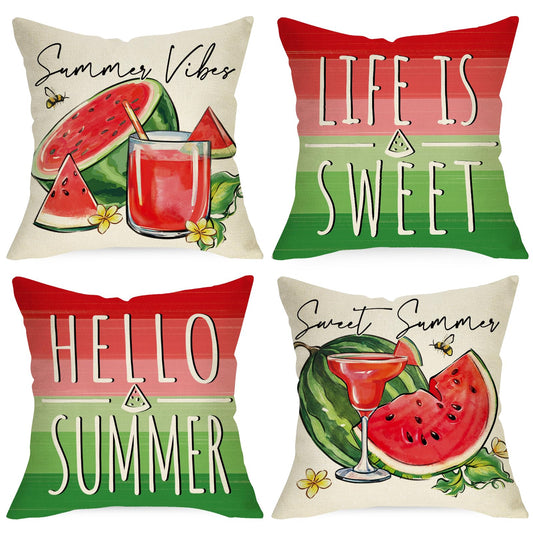 Ussap Hello Summer Watermelon Decorative Throw Pillow Covers 18 x 18 Set of 4, Life is Sweet Red Green Stripes Cushion Case Decor, Summer Vibes Fruit Juice Bees Seasonal Home Decoration for Sofa Couch