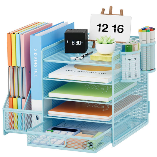 Marbrasse Desk Organizer with File Holder, 5-Tier Paper Letter Tray Organizer with Drawer and 2 Pen Holder, Mesh Desktop Organizer and Storage with Magazine Holder for Office Supplies(Black)