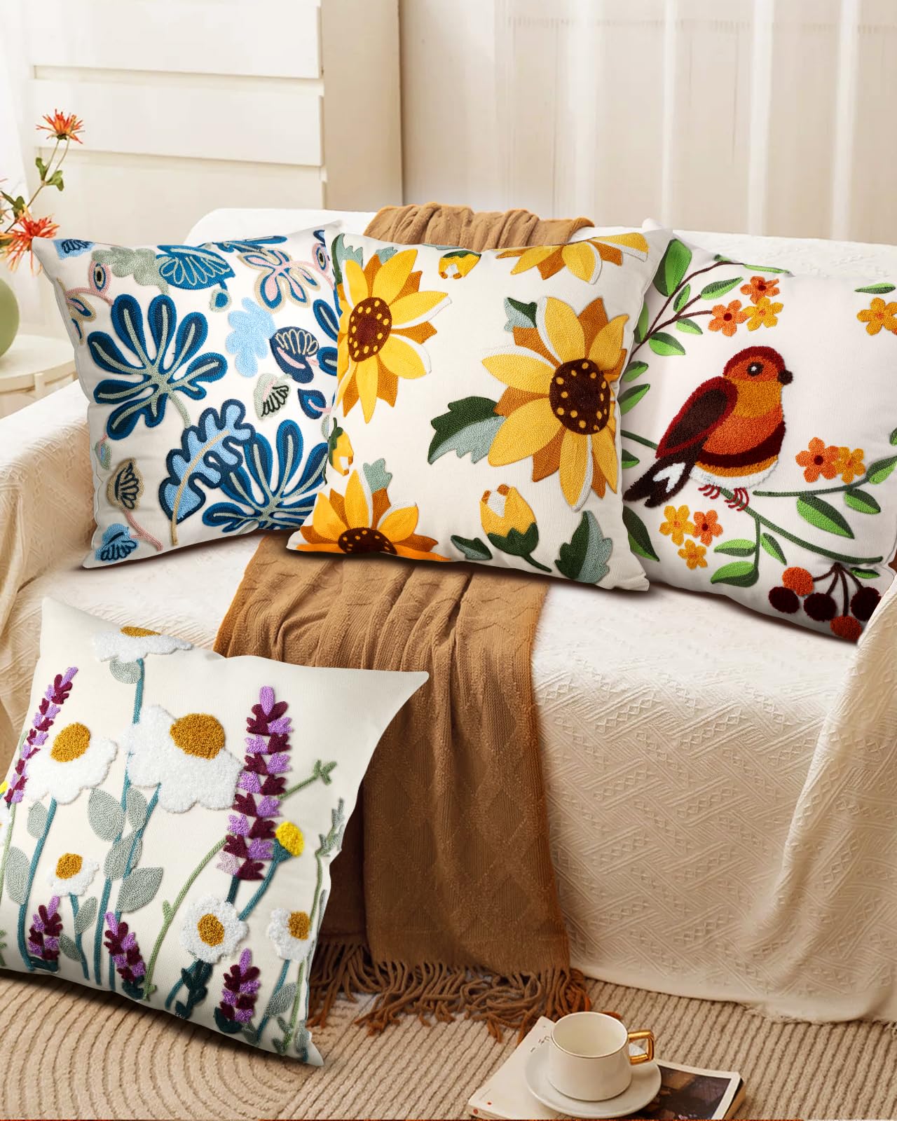 Kokaaee Embroidered Throw Pillow Cover - 18x18 inch Decorative Pillow Covers with Zipper Pillow Cover for Living Room Couch Sofa Bed Aesthetic Design Sunflower Linen Cotton Pillowcase Covers