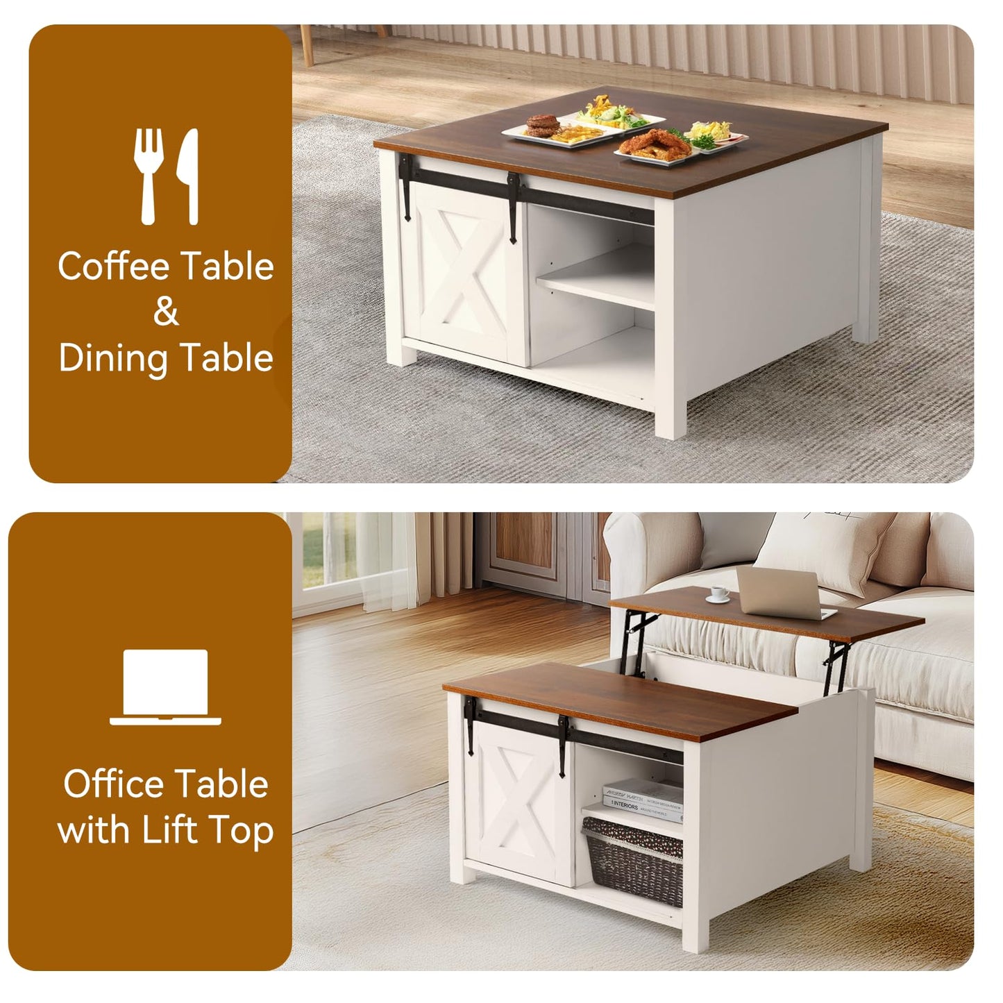 EDWINENE 31.5" Square Coffee Table, White Lift Top Coffee Table for Living Room, Morden Farmhouse Coffee Tables with Hidden Storage for Small Living Room, Bedroom