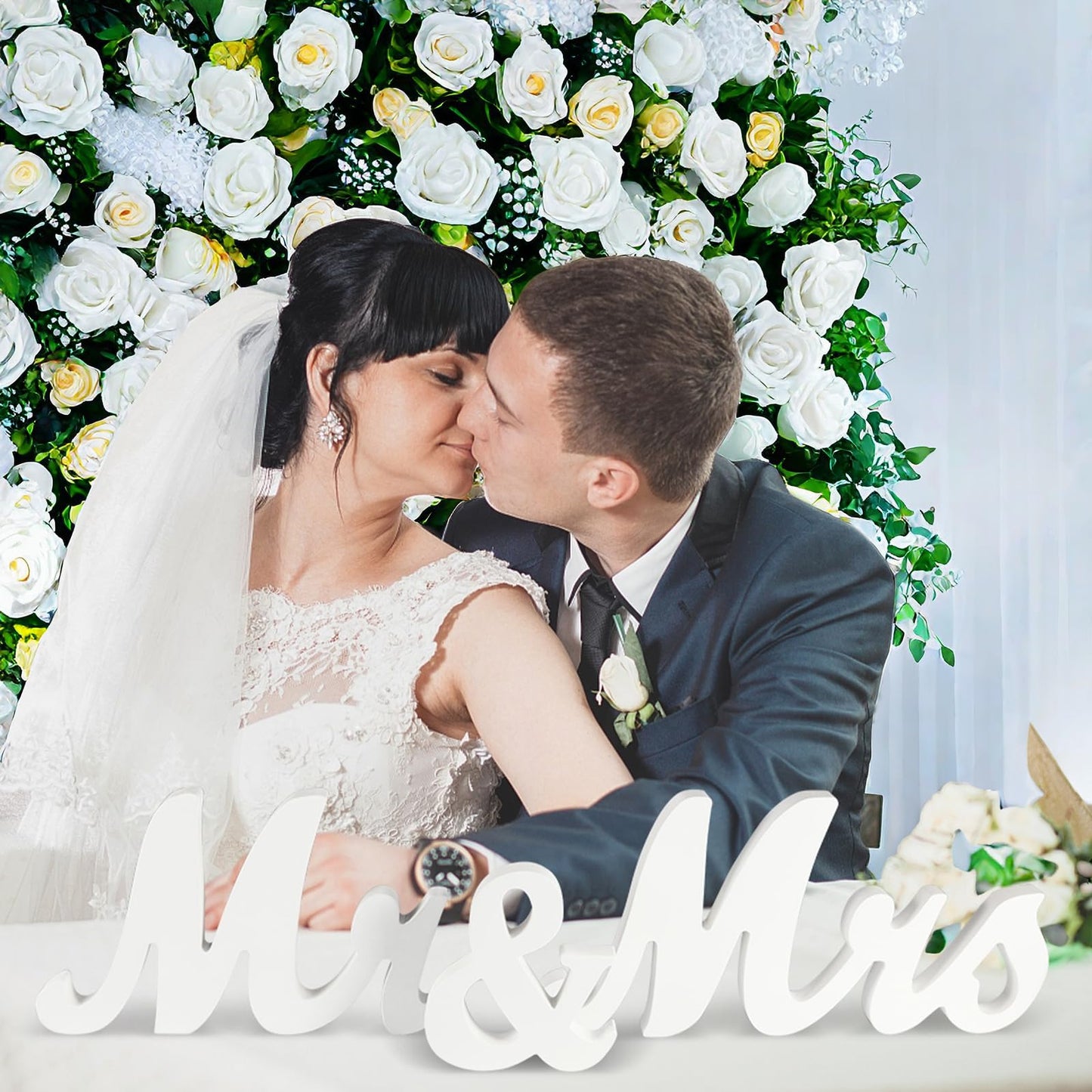GarveeHome Large Mr & Mrs Sign for Wedding & Anniversary Centerpiece Table Decor, Freestanding White Wooden Letter