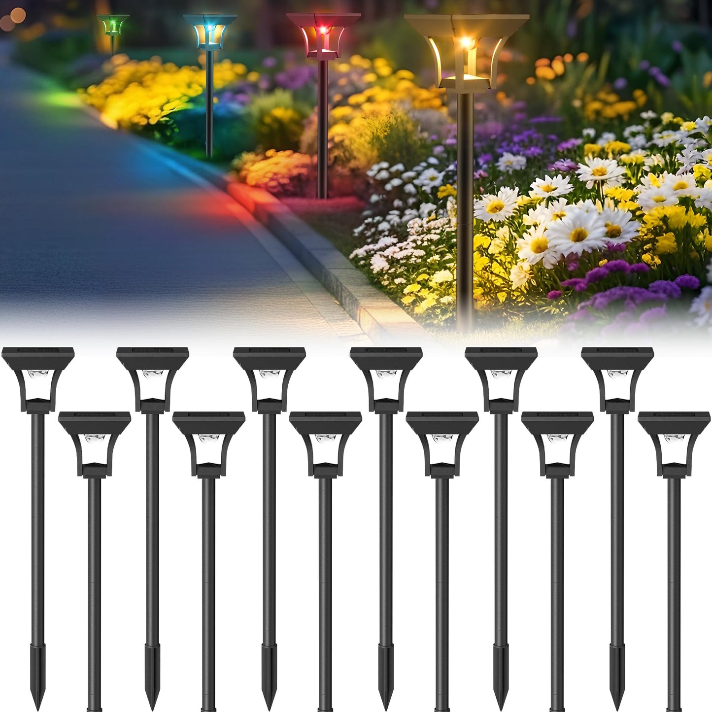 CINOTON 12 Pack RGBCW Solar Pathway Outdoor Lights, 3 Lighting Modes Solar LED Garden Lights, IP65 Waterproof Outside Solar Powered Landscape Lighting for Planter Lawn Pool Balcony RGB/Warm/Cold White