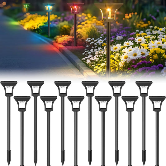 CINOTON 12 Pack RGBCW Solar Pathway Outdoor Lights, 3 Lighting Modes Solar LED Garden Lights, IP65 Waterproof Outside Solar Powered Landscape Lighting for Planter Lawn Pool Balcony RGB/Warm/Cold White
