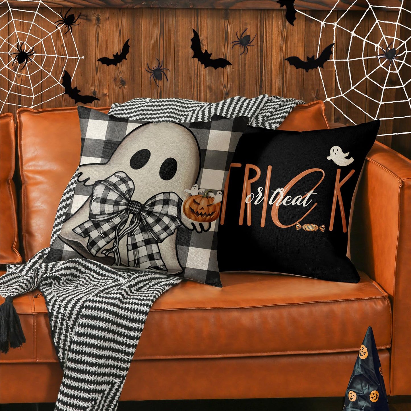 MODOVOS Halloween Pillow Covers 18x18 Set of 4 Buffalo Plaid Spooky Halloween Decorations Polka Dots Pumpkin Throw Pillow Covers Trick or Treat Cushion Case for Sofa Couch