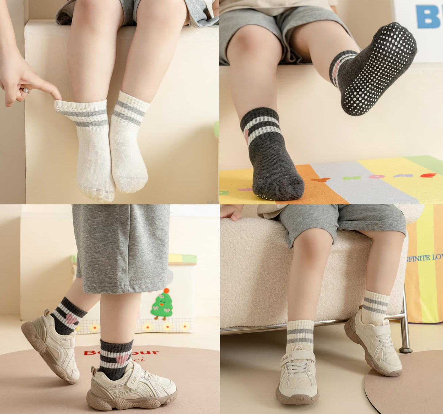 Wamvp Toddler Grip Socks with Non-Slip, Unisex Baby Retro Stripe Seamless Crew Ankle Cotton Socks for Girls Boys 6 Pairs,Pink 1-3T