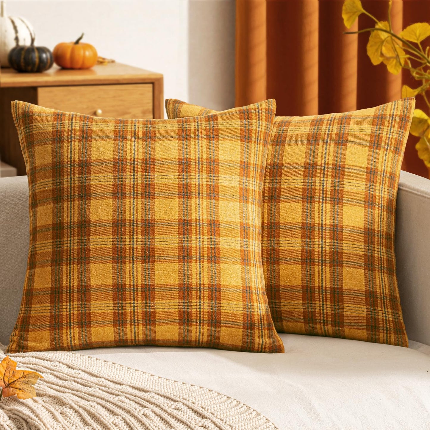 Woaboy Set of 2 Scottish Tartan Plaid Throw Pillow Covers Farmhouse Classic Plaid Decorative Square Cushion Cases Fall Autumn Christmas Home Decor for Sofa Couch Livingroom Bed 18x18 Inch,Orange