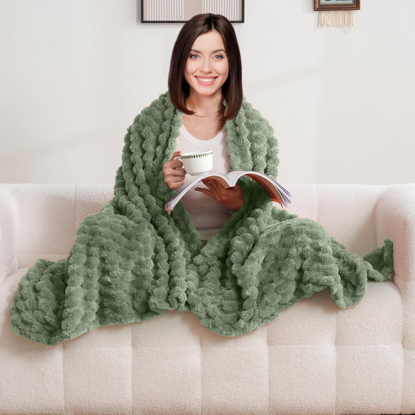 Excervent Flannel Fleece Throw Blanket(60x80 inches), Big 3D Clouds Stylish Hexagon Jacquard Decorative Fuzzy Blankets for Household, Camping, and Travel, Super Soft Cozy, Sage Green