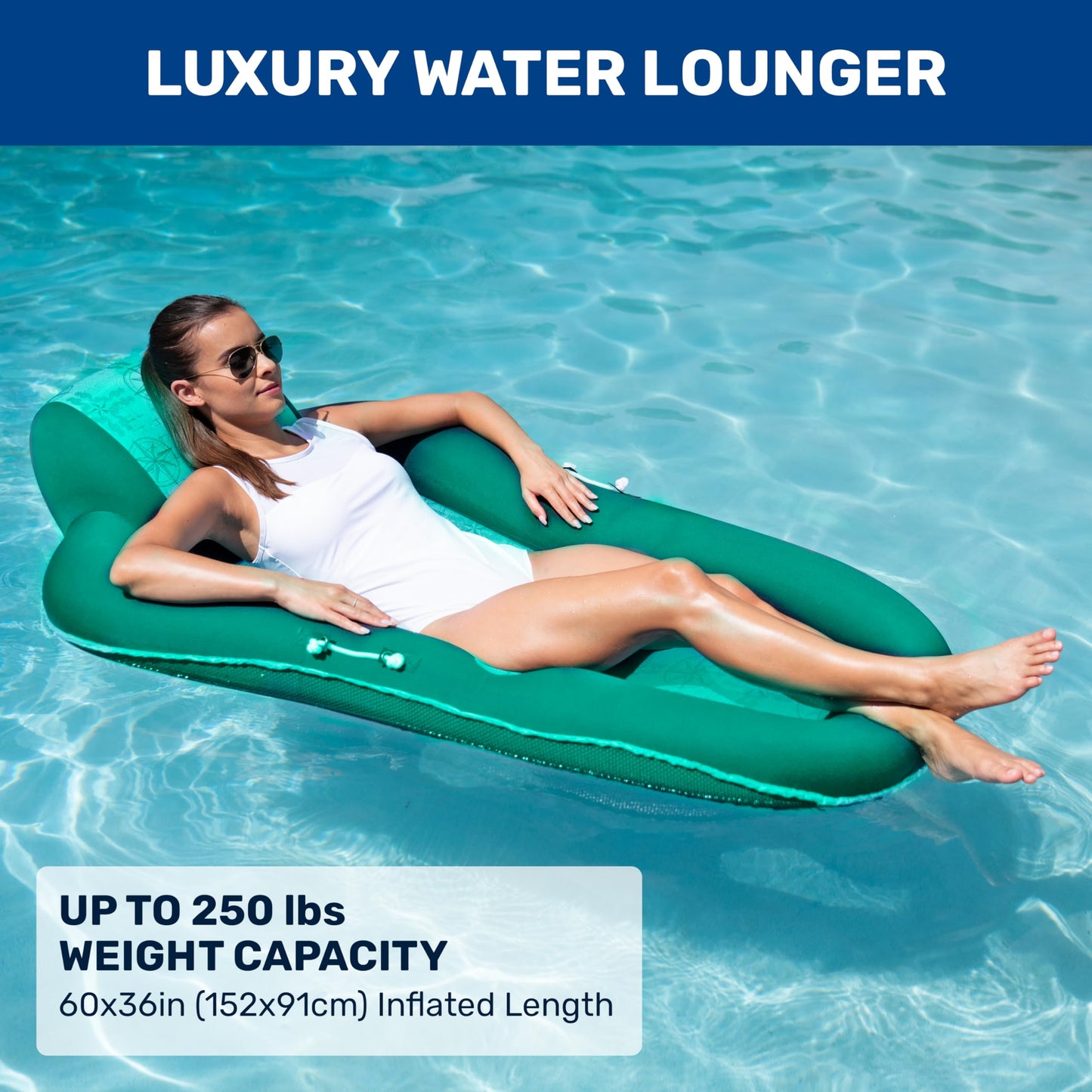 Aqua Luxury Water Pool Lounge, Extra Large, Inflatable Pool Floats for Adults with Headrest, Backrest, Footrest and Cupholder, Teal Compass