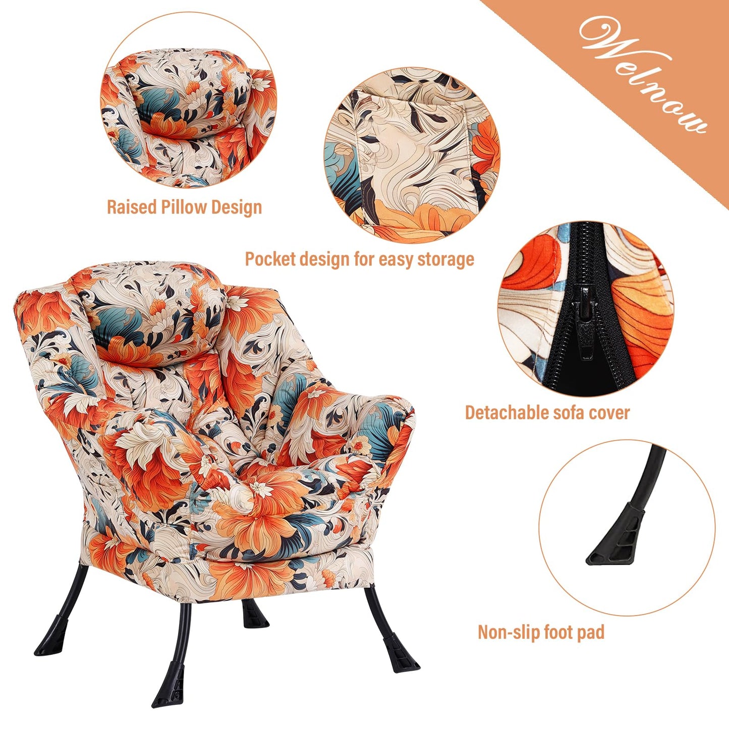 Welnow Lazy Chair with Ottoman, Modern Lounge Accent Chair with Armrests and a Side Pocket, Leisure Sofa Armchair Set, Reading Armchair with Footrest for Small Space, Orange Blue