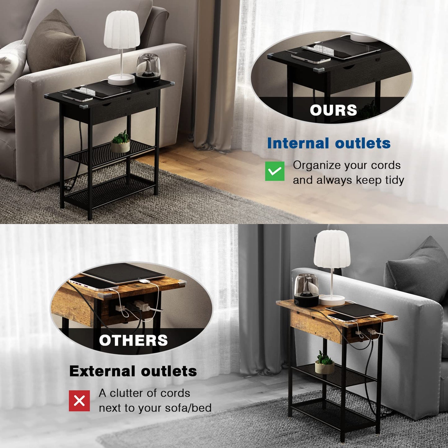 SAUCE ZHAN Sofa Side Table with USB Ports and Outlets, Narrow End Table with Storage Shelf for Small Spaces Bedside Nightstand with Charging Station for Living Room, Bedroom, Black