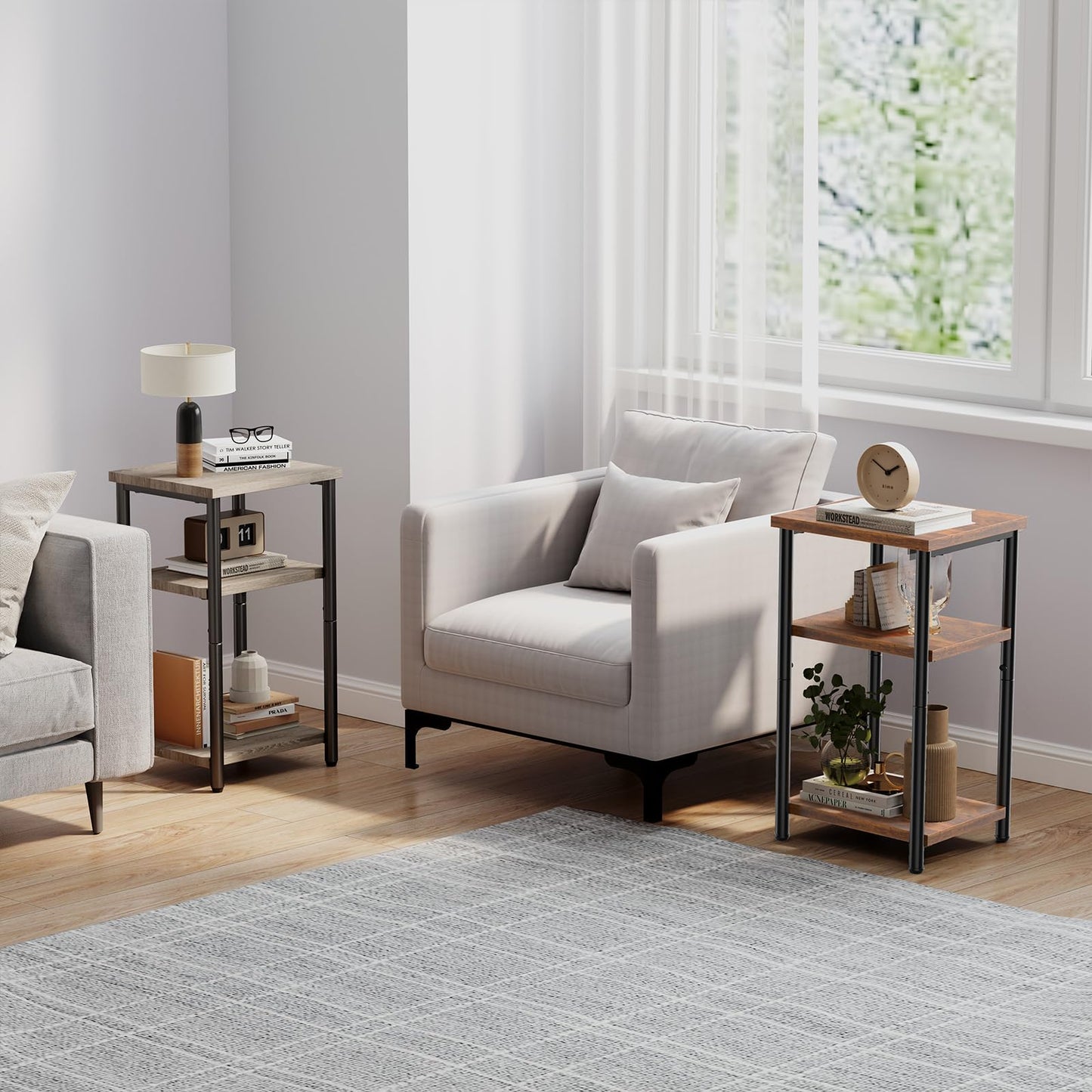 DUMOS End Table, 3 Tier Side Sofa Tables for Small Space, Storage Shelf, Nightstand with Adjustable Feet for Living Room, Bedroom, Office, Set of 1, Rustic Brown