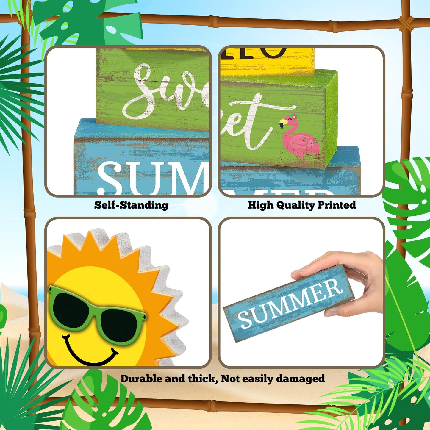 Yuntau 4 Pcs Summer Wooden Tabletop Decor Hello Sweet Summer Tiered Tray Decor Sunshine Centerpiece Rustic Summertime Decorative Block Signs Gift Farmhouse Table Decoration for Home Kitchen