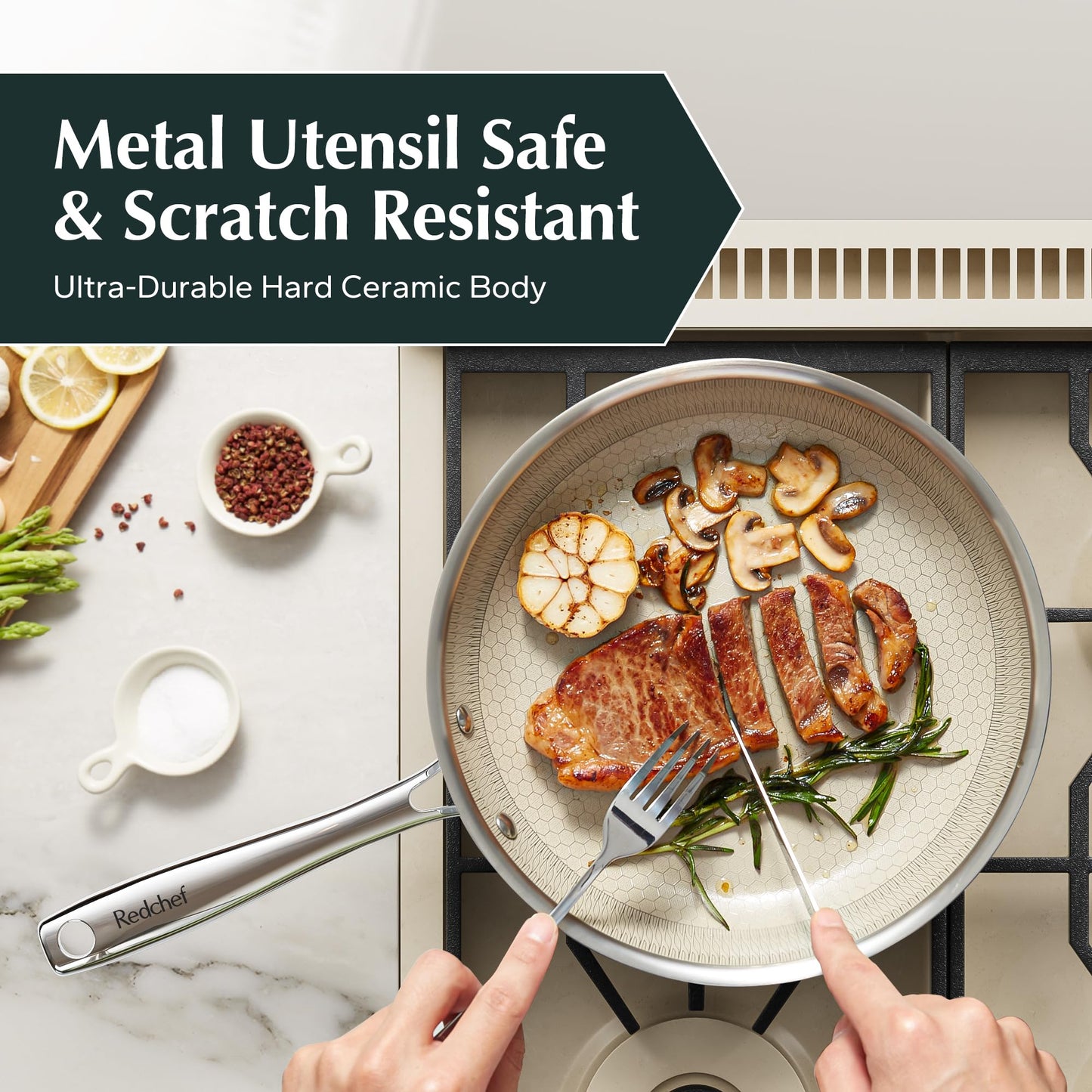 Redchef Ceramic Nonstick Frying Pan 9.5-Inch with Honeycomb Coating, Stay-Cool Handle, Dishwasher & Oven Safe, Induction Ready, PTFE PFAS-Free, All Cooktops