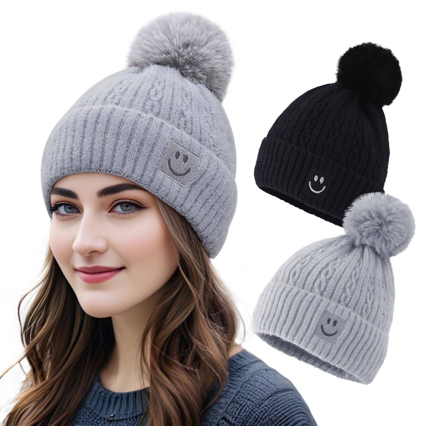 Womens Winter Beanie Hat, Smile Face Warm Fleece Knitted Beanies with Faux Fur Pom Pom