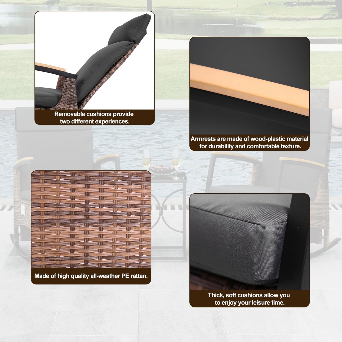 MAXXPRIME Outdoor Recliner Chair Set, Adjustable Patio Recliner with C Shaped Glass Top Side Table, Wicker Reclining Lounge Chairs, Rocking Chairs with Removable Cushions for Pool,Deck(Dark Gray)