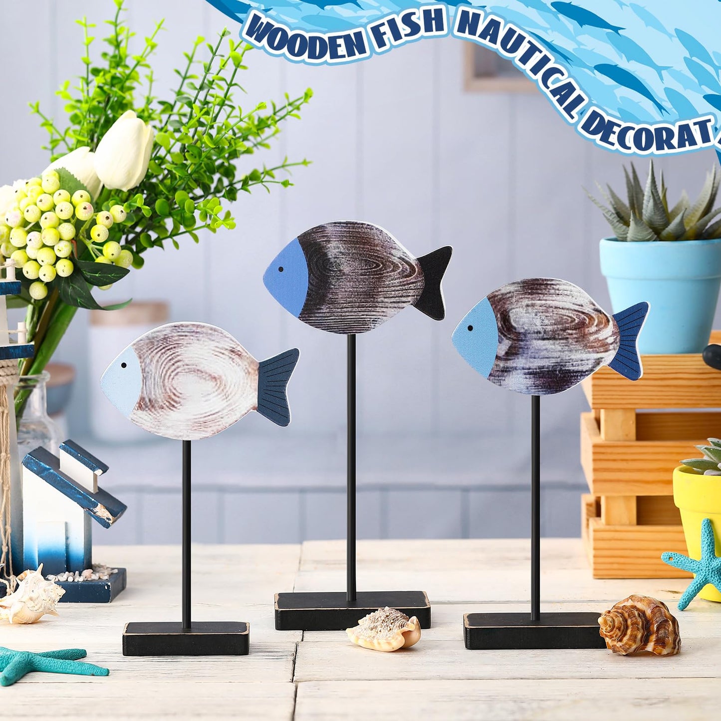 Yuntau 3 Pcs Wooden Sea Fish Table Decor Beach House Decor Rustic Wood Fish Decor Summer Coastal Farmhouse Decor Ocean Tiered Tray Decor for Home Office Bedroom Table Shelf Desk