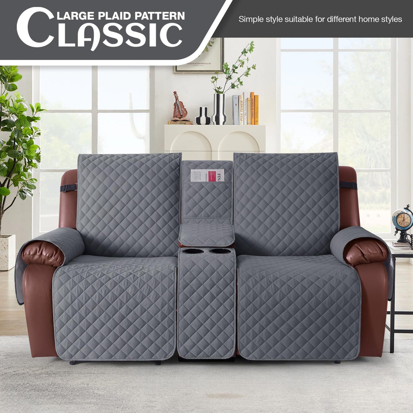 KinCam 100% Waterproof Recliner Loveseat Cover with Console, Non-Slip Reclining Couch Covers for 2 Seat, Recliner Sofa Cover Furniture Protector with Elastic Straps for Kids, Pets, Dark Gray