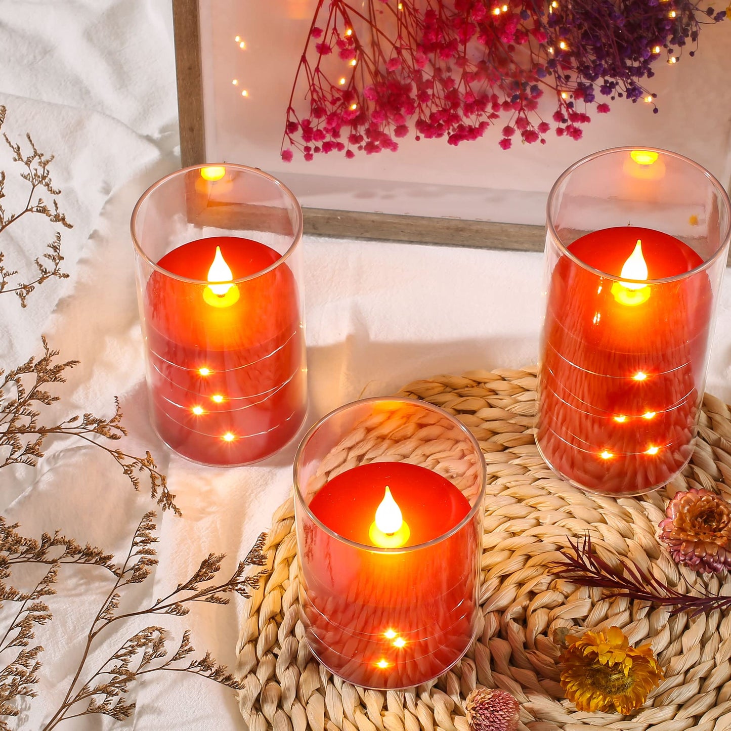 Da by Flickering Flameless Candles with Remote,Acrylic LED Candles with Embedded Star String,Battery Operated Candle, for Home and Holiday Decoration Set of 3（Red）