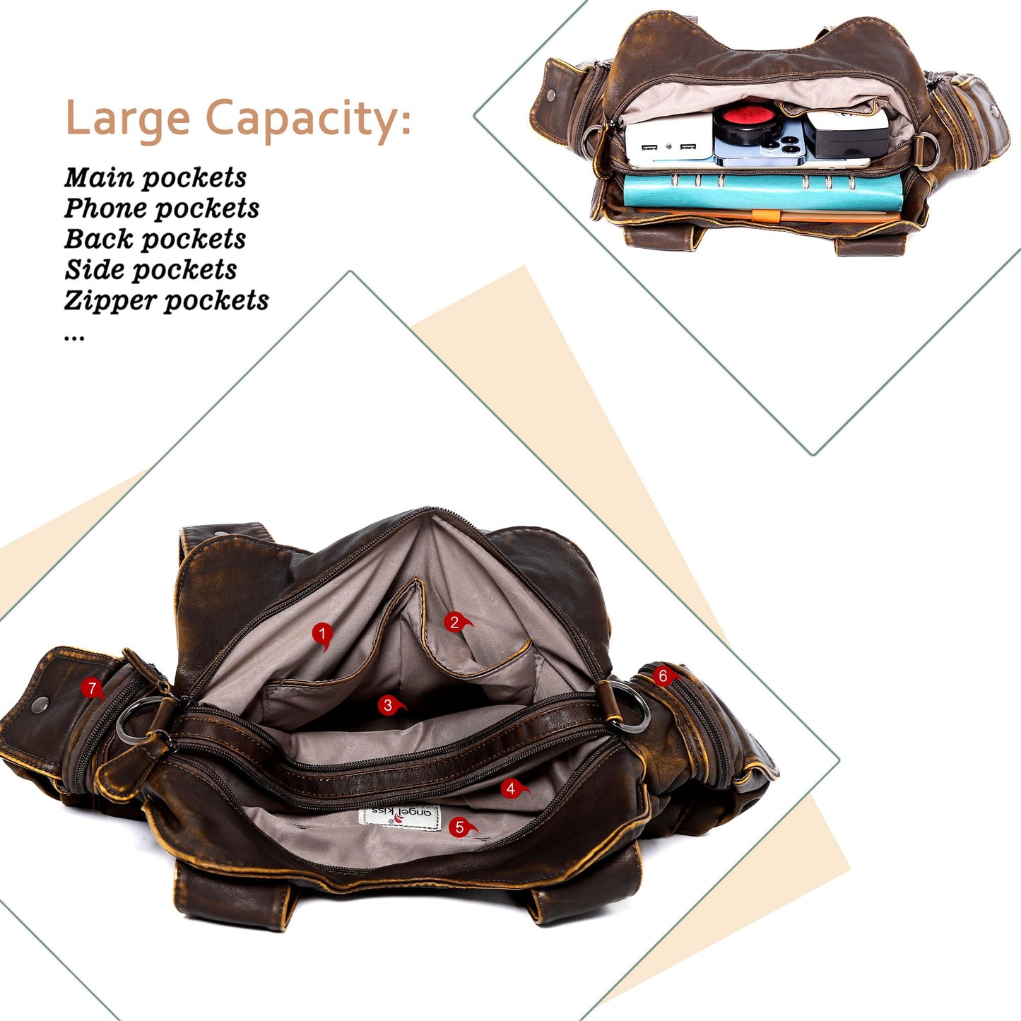 Angel Kiss Hobo Bags for Women Soft PU Leather Handbags Large Purse Shoulder Bag brown