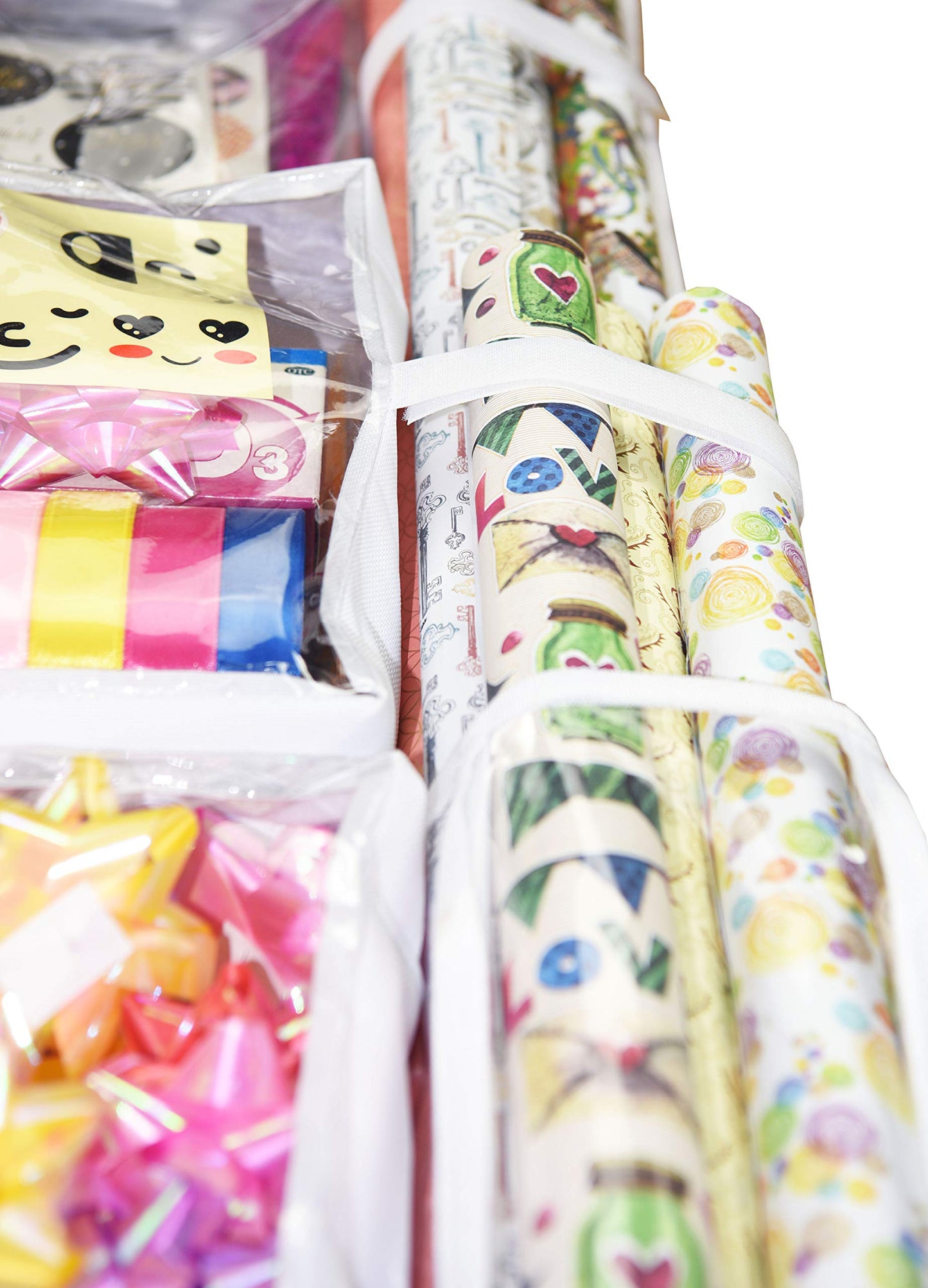 Double Sided Hanging Gift Wrap Organizer | Large 16" x 41" Wrapping Paper Rolls Storage Bag | Tearproof & Space Saving Closet Gift Bag Organization Solution | Sturdy Zippers & Robust Adhesive Strip