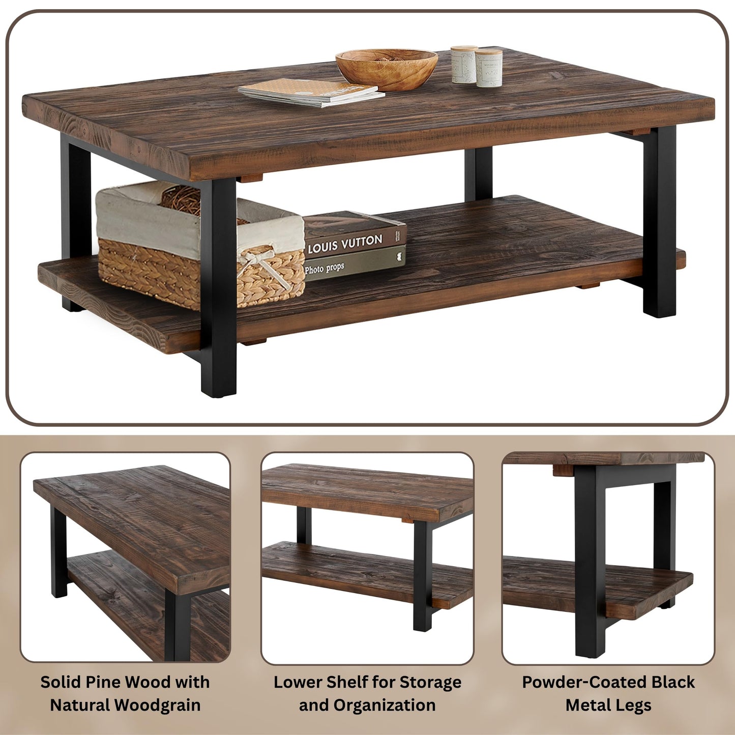 Alaterre Furniture Pomona Rustic Natural 48" Wide Coffee Table with Shelf, 400 lbs. Weight Capacity and Metal Legs for Living Room Rustic Industrial Style Storage - Wood Top & Reclaimed Wood Finish