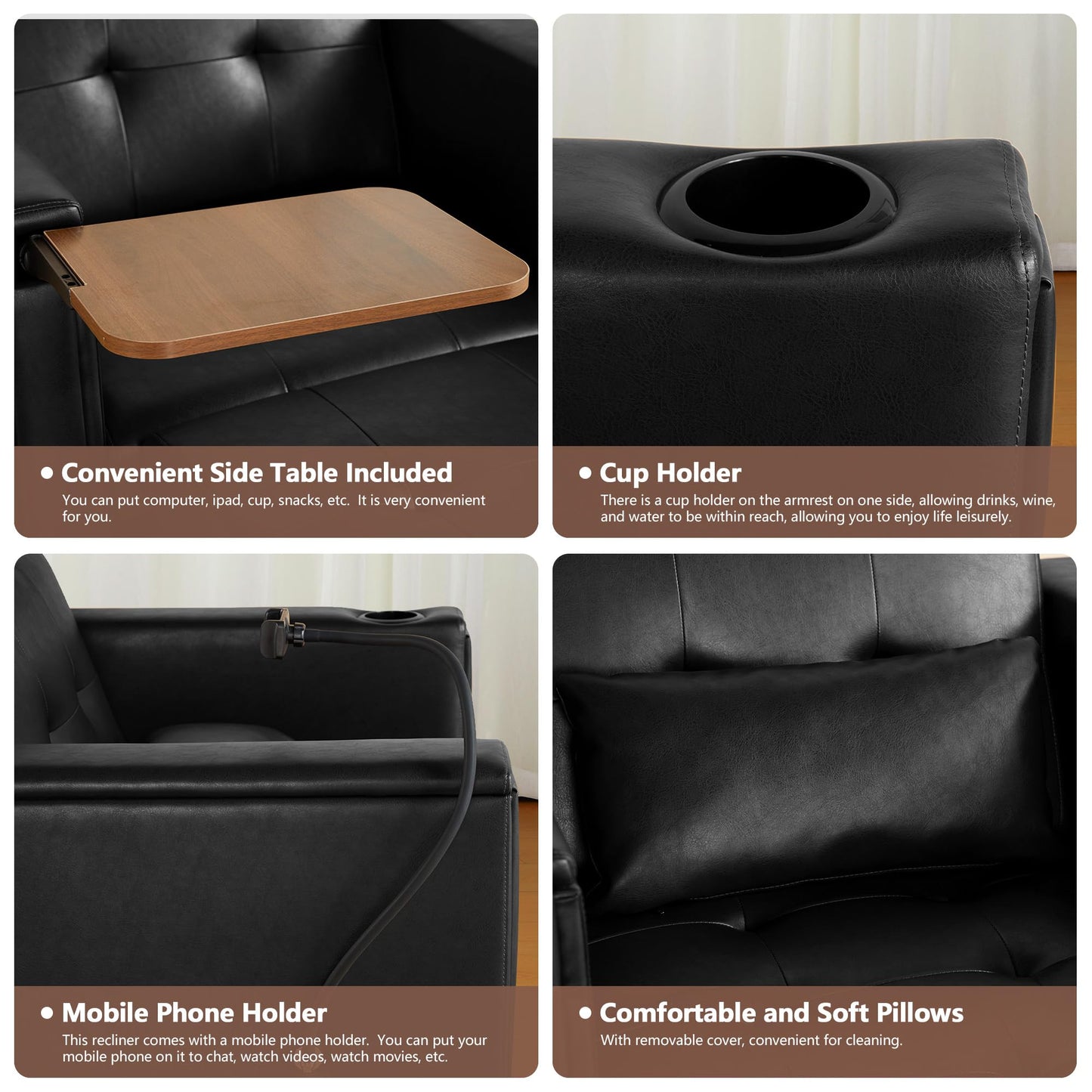 weselon Leather Convertible Chair Bed, 3 in 1 Multi-Functional Lounge Chair Sleeper, Pull Out Couch Guest Bed with Hidden Table and Adjustable Backrest for Living Room (Black)