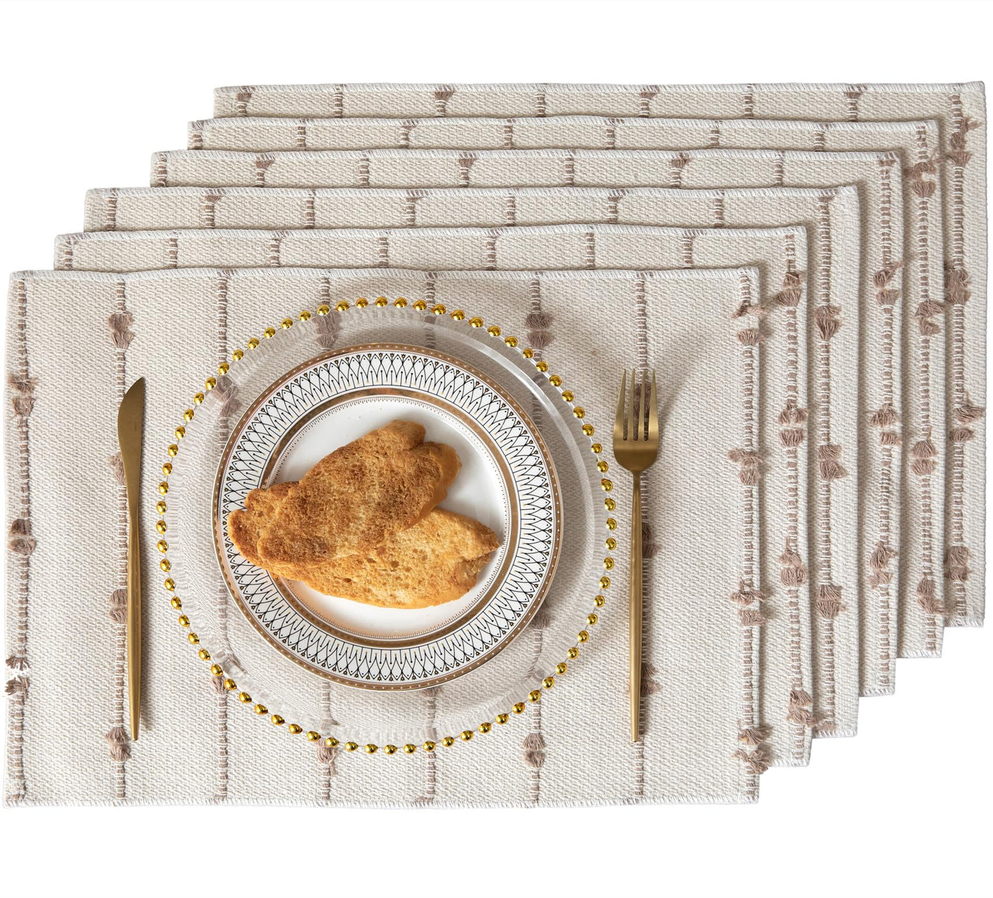 Boho Placemats Set of 6 for Dining Table Decor, Woven Cloth Place Mats for Farmhouse Rustic Kitche Home Decor, Cotton Placemats 13 x 19 Inch, Taupe and Beige Table mats
