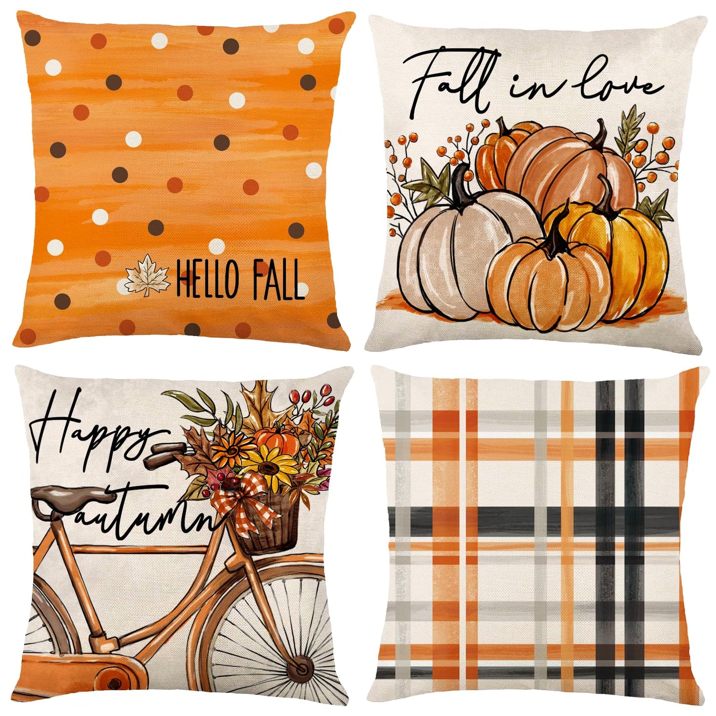 Heirloom Haven 4pcs Hello Fall Pumpkin Throw Pillow Covers 18x18, Autumn Thanksgiving Buffalo Plaid Polka Dots Floral Bicycle Outdoor Home Decor Cushion Cases Seasonal Pillow Cases for Sofa Couch
