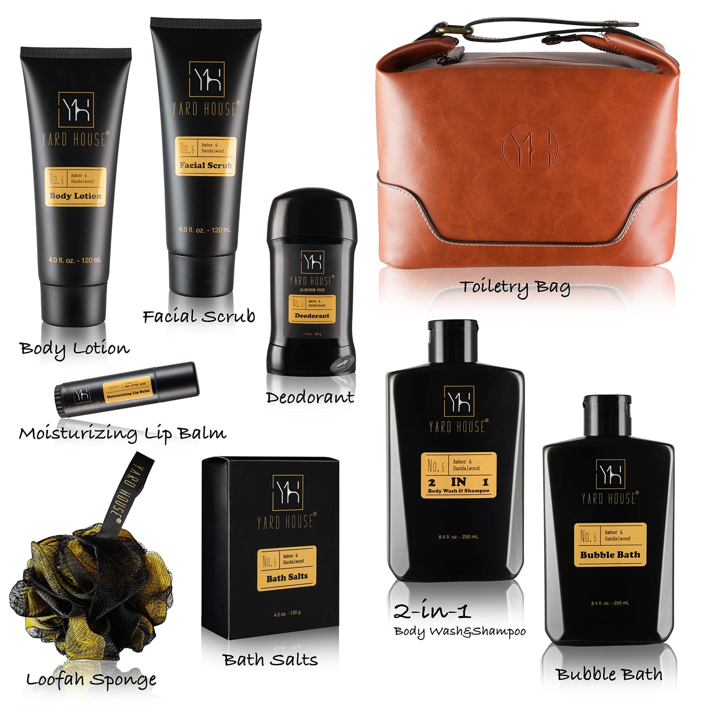 YARD HOUSE Bath and Body Gift Set for Men - Sandalwood Amber - Birthday, Christmas, Fathers Day Gifts From Wife Daughter Son for Husband, Dad - Relax Spa Kit w. Full Size Items in Deluxe Toiletry Bag